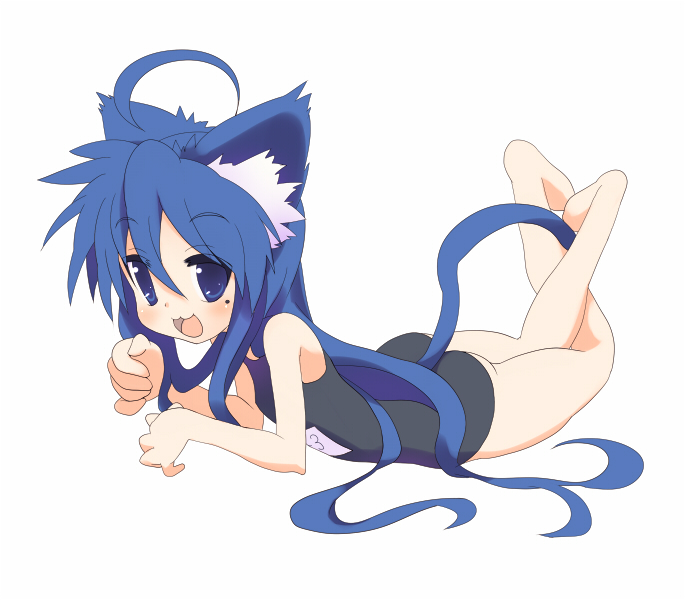 ratenn, sora to umi, izumi konata, lucky star, 00s, 1girl, :3, ahoge, animal ears, bad anatomy, barefoot, blue eyes, blue hair, blush, cat ears, cat tail, female focus, kemonomimi mode, long hair, lying, matching hair/eyes, mole, mole under eye, on stomach, one-piece swimsuit, poorly drawn, school swimsuit, solo, swimsuit, tail