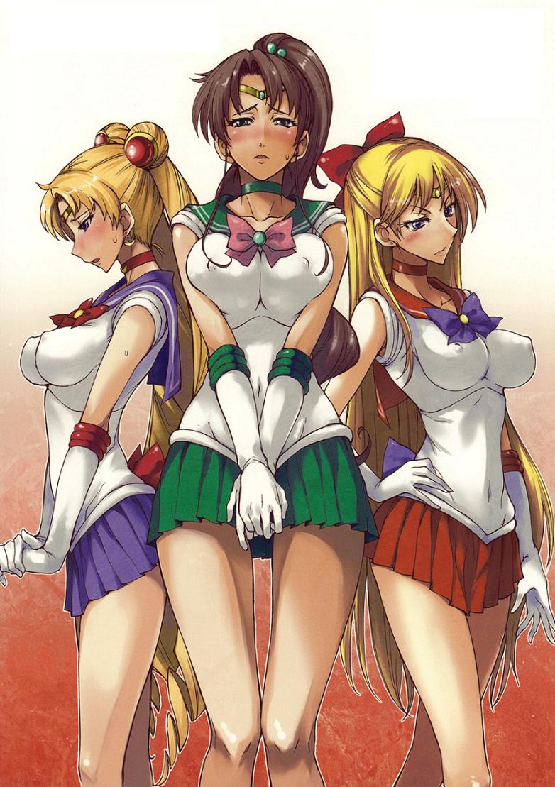 isao, aino minako, kino makoto, sailor jupiter, sailor moon, sailor venus, tsukino usagi, bishoujo senshi sailor moon, jpeg artifacts, 1990s (style), 3girls, blonde hair, blush, breasts, brown hair, choker, cleavage, covered erect nipples, covered navel, female focus, gloves, long hair, midriff, multiple girls, sad, skin tight, tiara