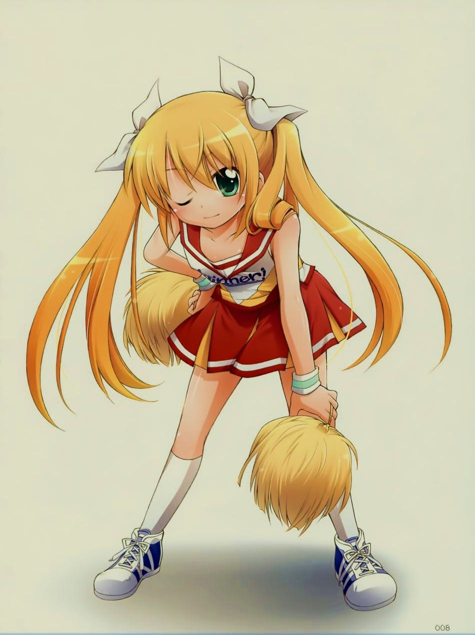 highres, blush, cheerleader, loli, one eye closed, smile, wink