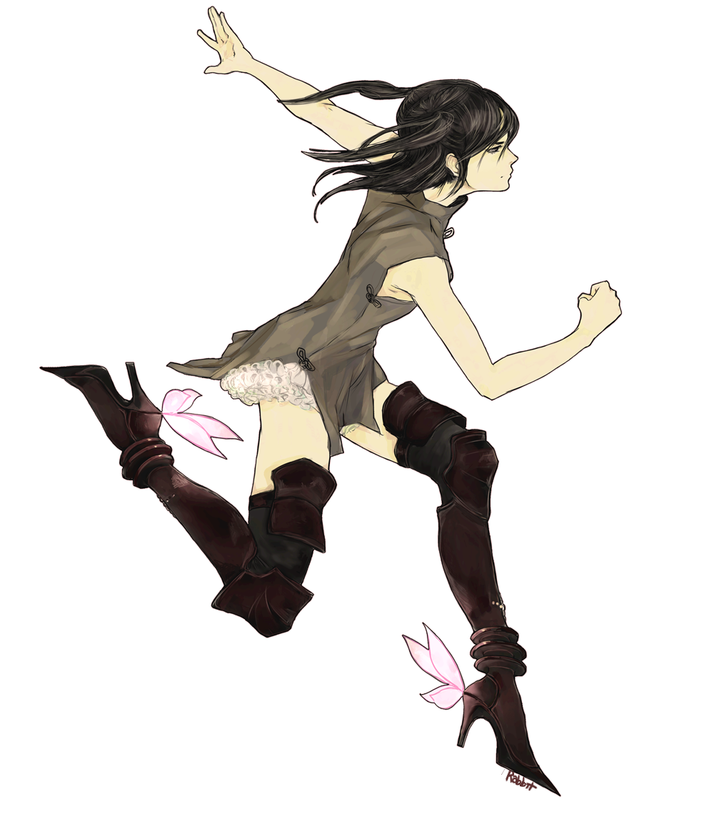 lenalee lee, d.gray-man, commentary request, 1girl, armored boots, armpit peek, armpits, artist name, bare arms, bare shoulders, black eyes, black hair, black thighhighs, boots, brown boots, brown shirt, bug, butterfly, butternutmuffin, chinese clothes, clenched hand, english text, facing to the side, floating, floating hair, frilled panties, frills, frown, hair between eyes, high heel boots, high heels, insect, jewelry, legs, looking to the side, medium hair, outstretched arm, panties, panty peek, parted bangs, pink butterfly, profile, running, shirt, side slit, sidelocks, signature, simple background, sleeveless, sleeveless shirt, sleeveless turtleneck, solo, thighhighs, thighlet, thighs, turtleneck, turtleneck shirt, two side up, underwear, white background, white panties, zettai ryouiki