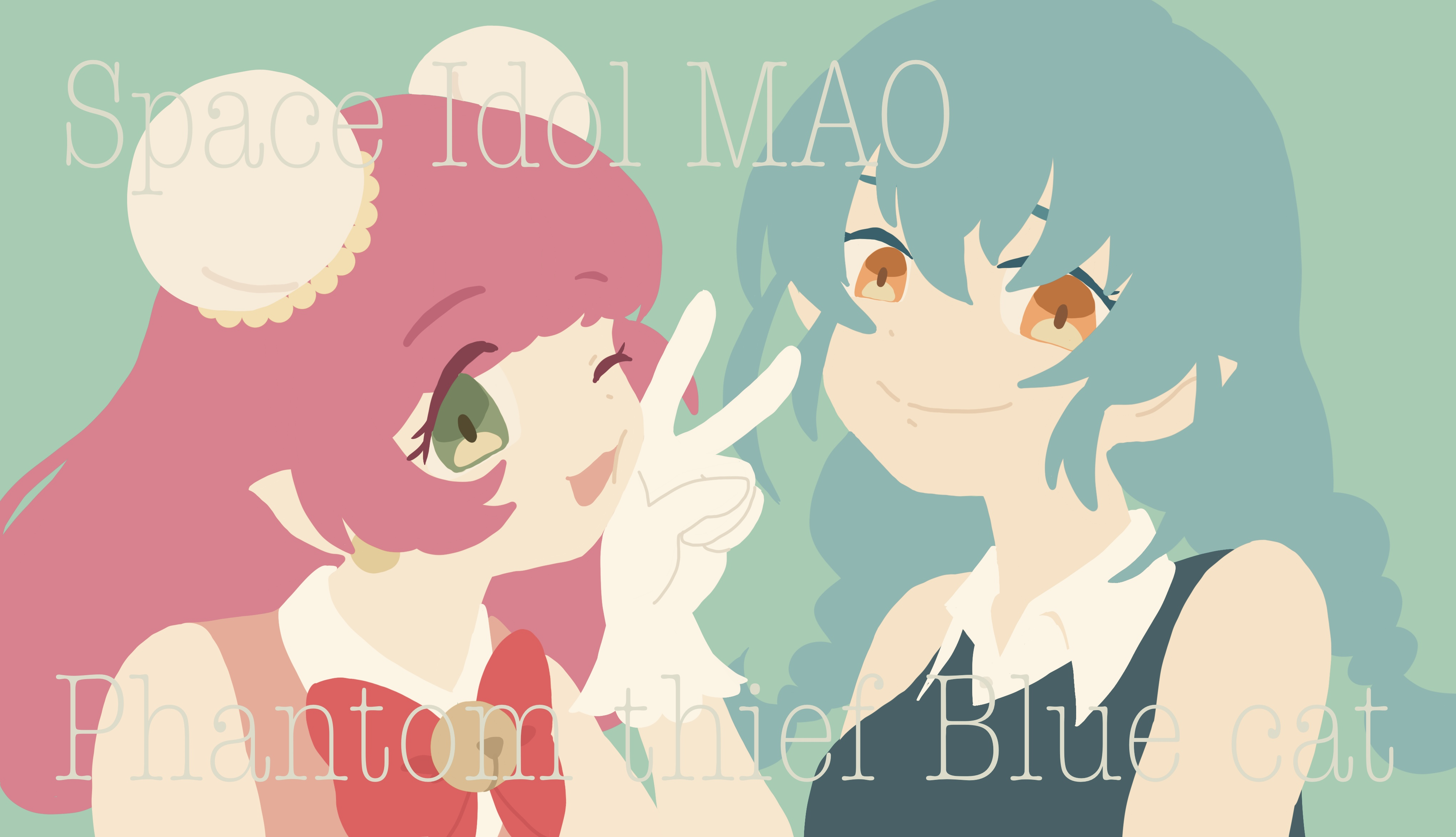 takahoshi (yunch327), mao (precure), yuni (precure), precure, star twinkle precure, absurdres, commentary request, highres, 2girls, aqua background, bare shoulders, bell, black shirt, blue hair, bow, bowtie, braid, bun cover, cheek squash, closed mouth, collared shirt, contrast collar, dot nose, double bun, dual persona, earrings, english text, eyelashes, eyes visible through hair, flat color, gloves, green eyes, hair bun, happy, humanization, idol, jewelry, long hair, low twin braids, multiple girls, neck bell, no lineart, one eye closed, open mouth, orange eyes, pink hair, pink shirt, pointy ears, red bow, red bowtie, shirt, simple background, sleeveless, sleeveless shirt, smile, sphere earrings, tareme, twin braids, upper body, v, white gloves