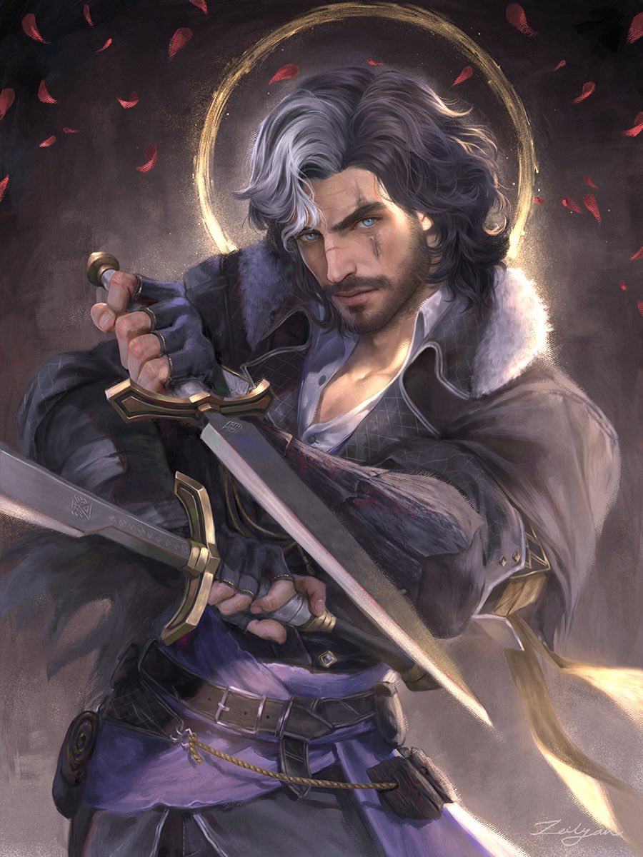 verso (clair obscur: expedition 33), clair obscur: expedition 33, commentary, english commentary, highres, 1boy, beard, belt, black belt, black gloves, black hair, black jacket, blue eyes, closed mouth, collarbone, collared shirt, cowboy shot, dagger, dual wielding, facial hair, falling petals, fighting stance, fingerless gloves, fur-trimmed jacket, fur trim, gloves, grey hair, halo, holding, holding dagger, holding knife, holding weapon, jacket, knife, male focus, medium hair, multicolored hair, petals, red petals, sash, scar, scar across eye, scar on face, scar on nose, shirt, sign, solo, two-tone hair, waist sash, weapon, white shirt, z31ly4n