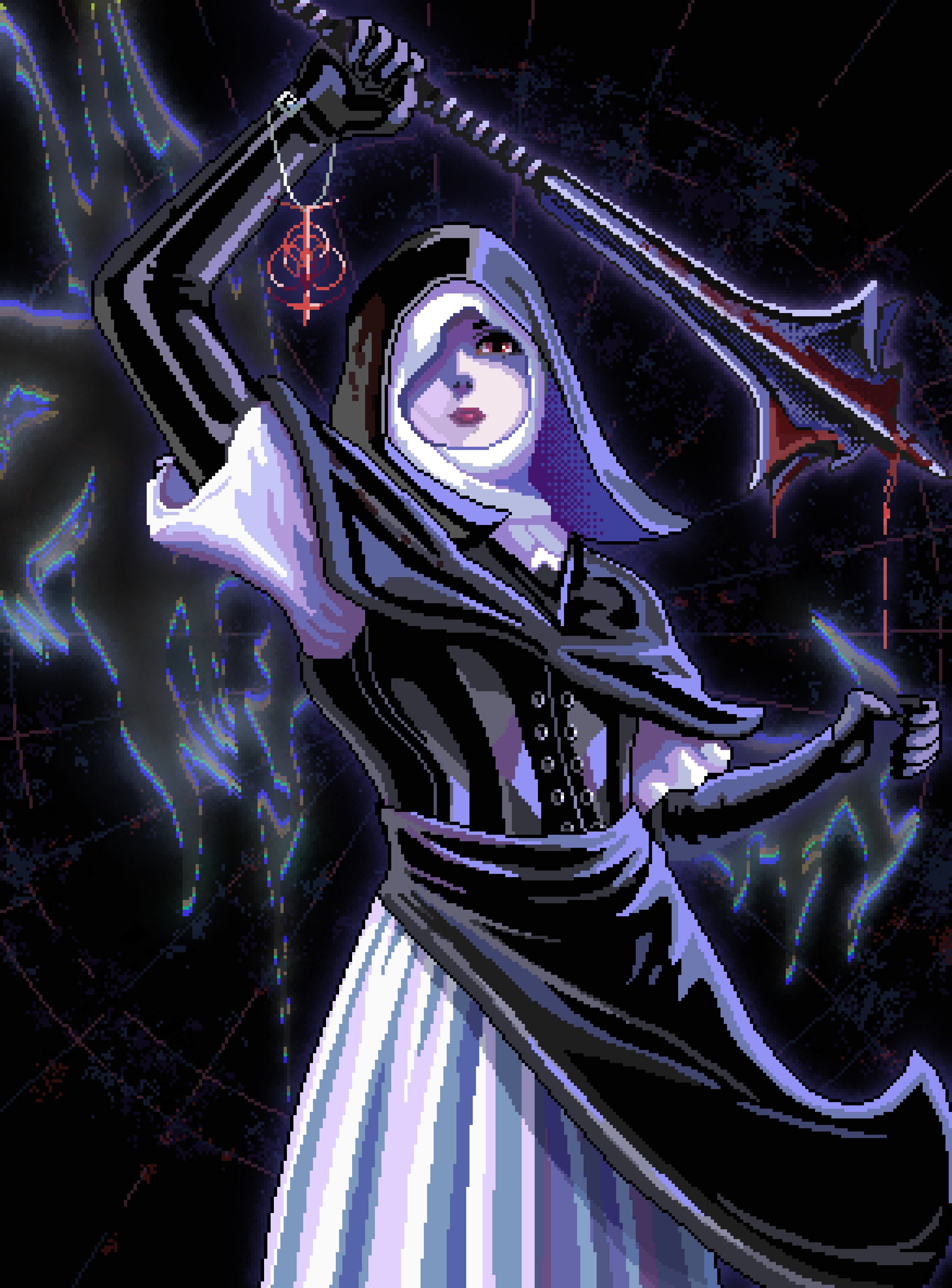 undertaker (elden ring), elden ring, elden ring nightreign, absurdres, commentary, english commentary, highres, 1girl, arm up, black capelet, black corset, black gloves, black hood, blood, bloody weapon, bracelet, buckle, capelet, coif, corset, dress, elbow gloves, flanged mace, gameplay mechanics, gloves, great rune (elden ring), holding, holding mace, holding weapon, hood over one eye, incoming attack, iridescent, iridescent clothes, jewelry, mace, necklace, nun, red eyes, solo, torn clothes, weapon, white coif, white dress, xdeadkiv