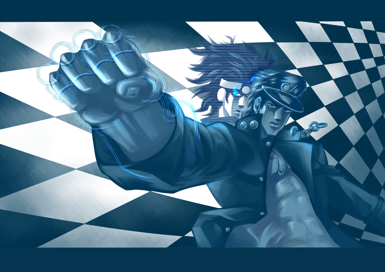 ioridonmax13, kuujou joutarou, star platinum, black rock shooter, jojo no kimyou na bouken, bad id, bad pixiv id, 10s, 1boy, angry, blue theme, chain, clenched hand, gakuran, gloves, hat, male focus, manly, monochrome, muscular, school uniform, solo, stand (jojo)