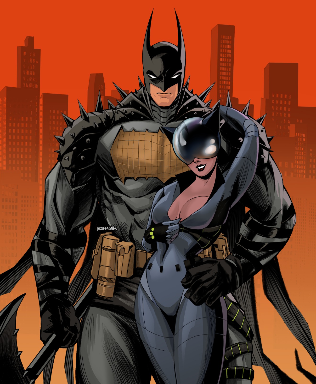 droffagner, batman, catwoman, absolute batman, absolute dc, batman (series), dc comics, commentary, english commentary, highres, 1boy, 1girl, artist name, back spikes, bat mask, batman symbol, bodysuit, couple, cowl, signature, superhero costume, tall male, twitter username
