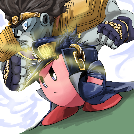 polm, kirby, kuujou joutarou, star platinum, jojo no kimyou na bouken, kirby (series), nintendo, cosplay, crossover, gakuran, hand in pocket, hat, kuujou joutarou (cosplay), manly, no humans, parody, school uniform, stand (jojo)