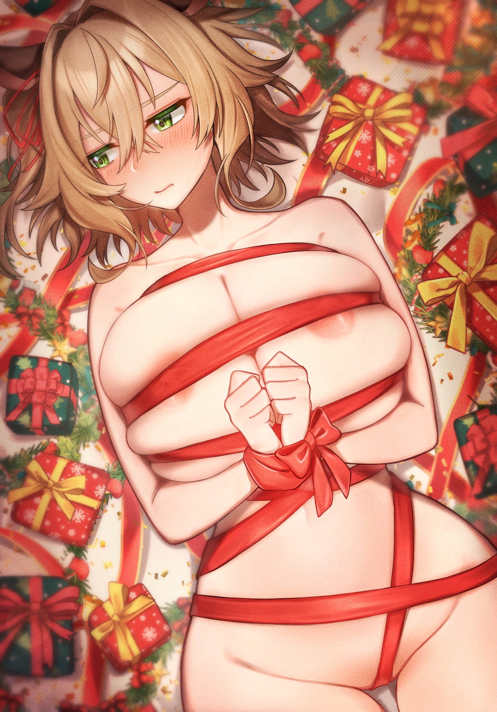 nimi nightmare, indie virtual youtuber, commentary, english commentary, highres, 1girl, animal ears, areola slip, averting eyes, bdsm, blonde hair, blush, bondage, bound, bound wrists, breasts, christmas present, female focus, gift, gift wrapping, green eyes, huge breasts, large breasts, nude, short hair, tapir ears, tapir girl, thighs, under eko, virtual youtuber, wide hips