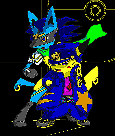 kuujou joutarou, lucario, pikachu, star platinum, jojo no kimyou na bouken, nintendo, pokemon, super smash bros., bad id, bad pixiv id, black background, clothed pokemon, cosplay, crossover, furry, gen 1 pokemon, gen 4 pokemon, gold trim, kuujou joutarou (cosplay), parody, poke ball theme, simple background, stand (jojo)