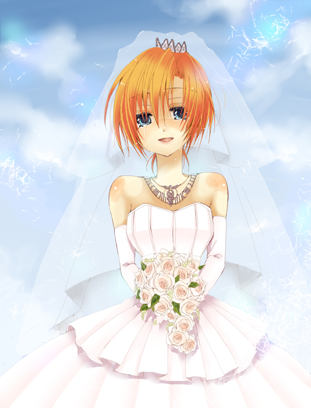 hibiki mio, ryuuguu rena, higurashi no naku koro ni, 00s, 1girl, bare shoulders, blue eyes, bouquet, bridal veil, bride, day, dress, elbow gloves, female focus, flower, gloves, happy tears, orange hair, short hair, sky, solo, tears, veil, wedding dress