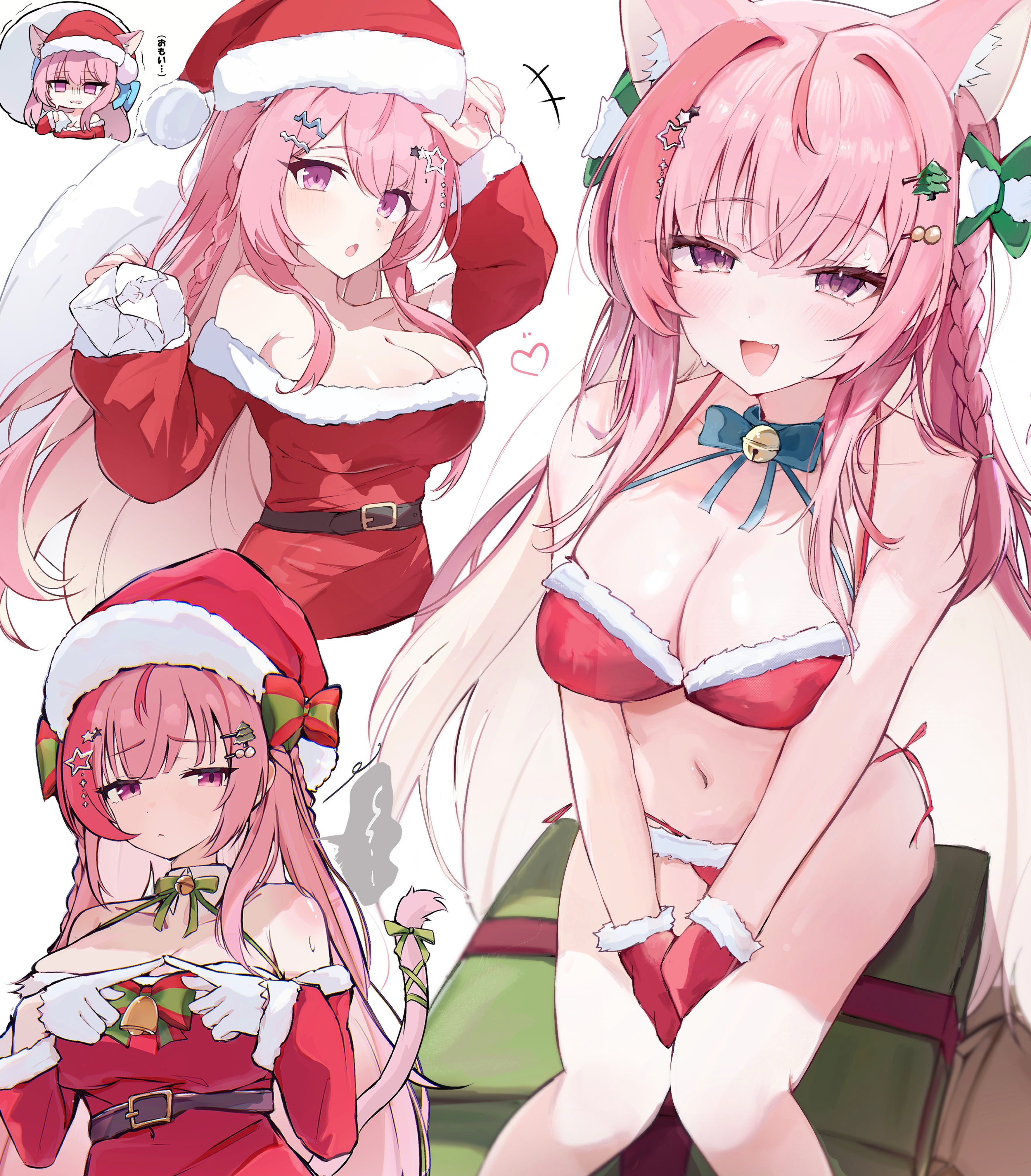 archi (aruki), yuuki sakuna, indie virtual youtuber, absurdres, commentary request, highres, 1girl, alternate costume, animal ears, bikini, cat ears, cat girl, dress, fur-trimmed bikini, fur-trimmed gloves, fur-trimmed headwear, fur trim, gloves, hat, long hair, looking at viewer, pink eyes, pink hair, pom pom (clothes), red bikini, red dress, red gloves, red hat, santa bikini, santa costume, santa dress, sidelocks, smile, solo, swimsuit, very long hair, virtual youtuber, white gloves