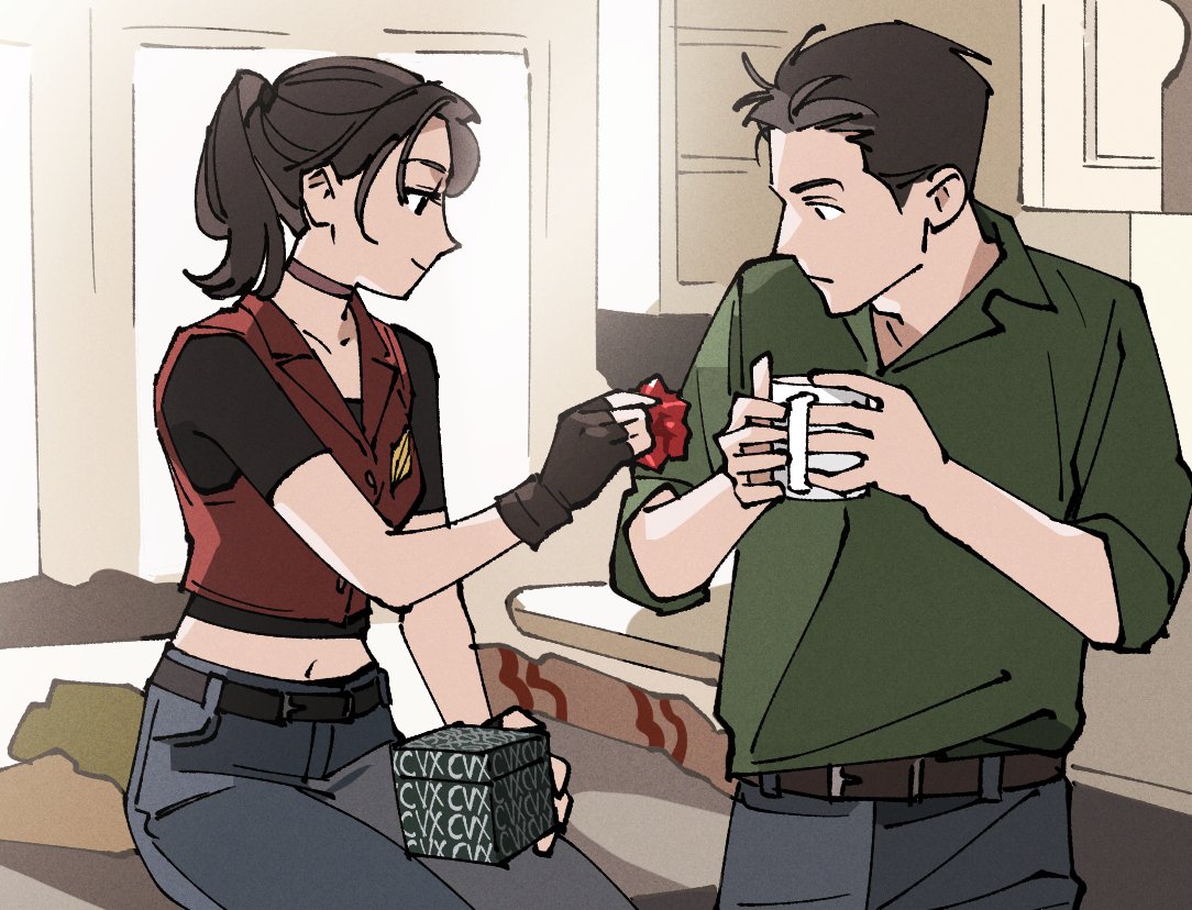 mya (mmyaaym), chris redfield, claire redfield, resident evil, resident evil – code: veronica, derivative work, 1boy, 1girl, black choker, black gloves, black shirt, bow, box, breasts, brother and sister, brown hair, choker, coffee mug, collared shirt, crop top, cropped vest, cup, fingerless gloves, folgers "brother and sister commercial" (meme), gift, gift box, gloves, green shirt, grey pants, holding, holding bow (ornament), holding box, holding cup, kitchen, light smile, long hair, looking at another, medium breasts, meme, midriff, mug, navel, pants, parted bangs, ponytail, red vest, shirt, short hair, siblings, upper body, vest