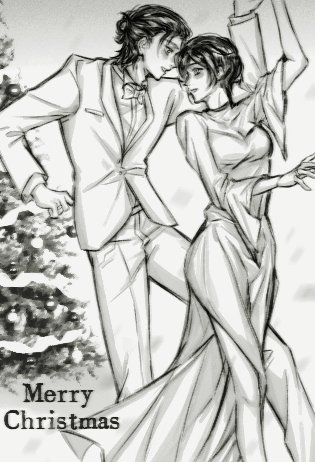 em1607230229543, eren yeager, mikasa ackerman, shingeki no kyojin, commentary, highres, symbol-only commentary, 1boy, 1girl, bow, bowtie, breasts, christmas tree, collared shirt, couple, dancing, dress, feet out of frame, formal clothes, greyscale, hair between eyes, hair bun, half updo, hetero, holding hands, jacket, long dress, looking at another, medium breasts, medium hair, merry christmas, monochrome, pants, parted lips, shirt, short hair, side slit, smile, suit, suit jacket