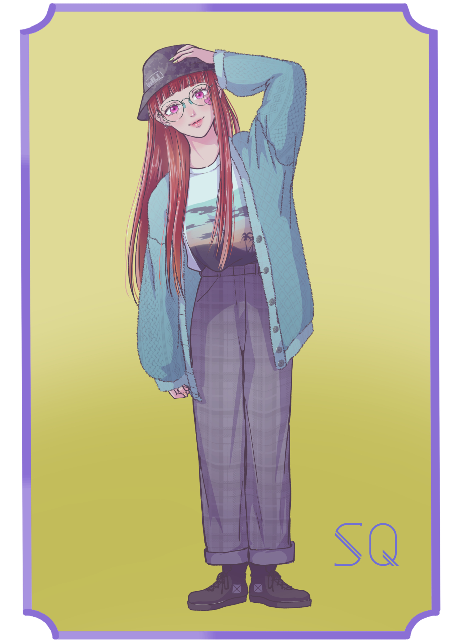 sq (gnosia), gnosia, commentary request, highres, 1girl, alternate costume, alternate hairstyle, blunt bangs, glasses, hair between eyes, hair down, hat, heart, heart tattoo, long hair, long sleeves, looking at viewer, nikolacpm, pink eyes, red hair, simple background, smile, solo, tattoo