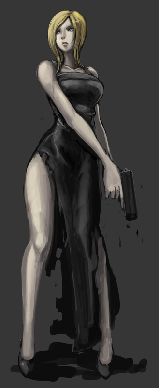 butcha-u, aya brea, parasite eve (series), parasite eve i, 1girl, bare legs, bare shoulders, black dress, blonde hair, blue eyes, breasts, dress, female focus, gun, handgun, high heels, large breasts, lips, long hair, pistol, shoes, short hair, side slit, solo, swept bangs, torn clothes, torn dress, trigger discipline, weapon