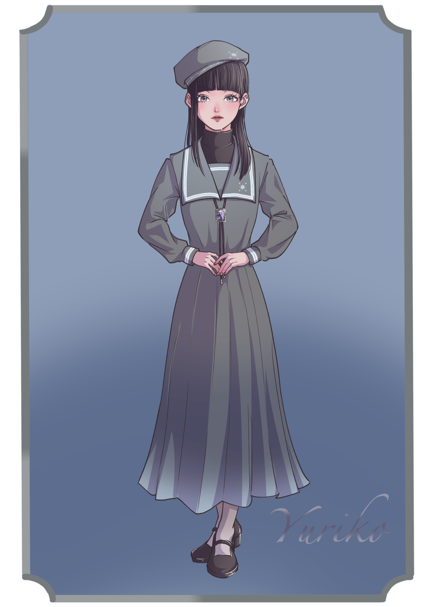 yuriko (gnosia), gnosia, commentary request, highres, 1girl, alternate costume, beret, black eyes, black hair, blunt bangs, character name, full body, hair between eyes, hairband, hat, hime cut, long hair, long sleeves, looking at viewer, nikolacpm, simple background, solo, straight hair