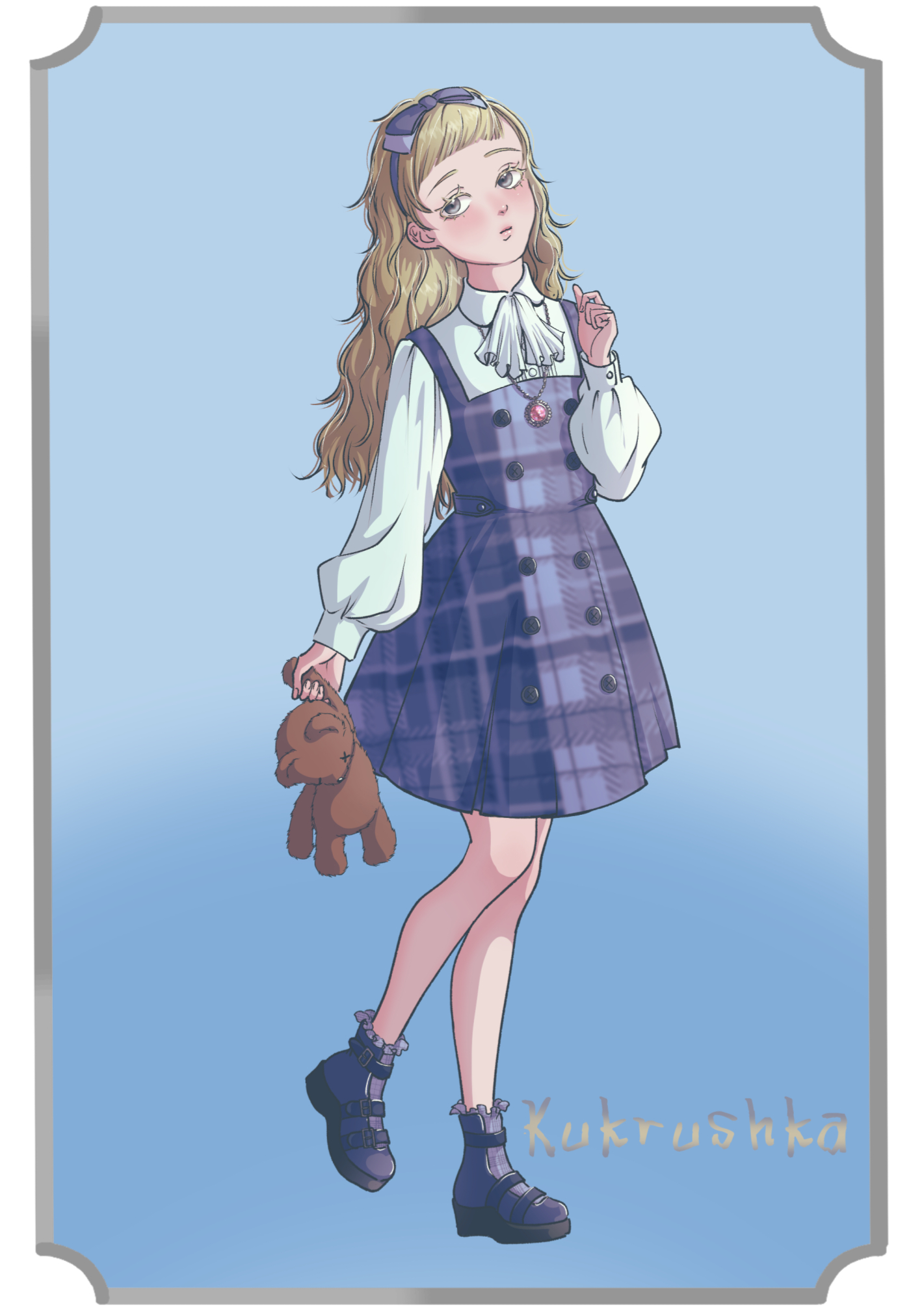 kukrushka (gnosia), gnosia, commentary request, highres, 1girl, alternate costume, blue dress, bow, brown hair, dress, eyelashes, grey eyes, hairband, holding, holding stuffed toy, jewelry, long hair, long sleeves, looking at viewer, necklace, nikolacpm, solo, stuffed animal, stuffed toy, teddy bear, wavy hair