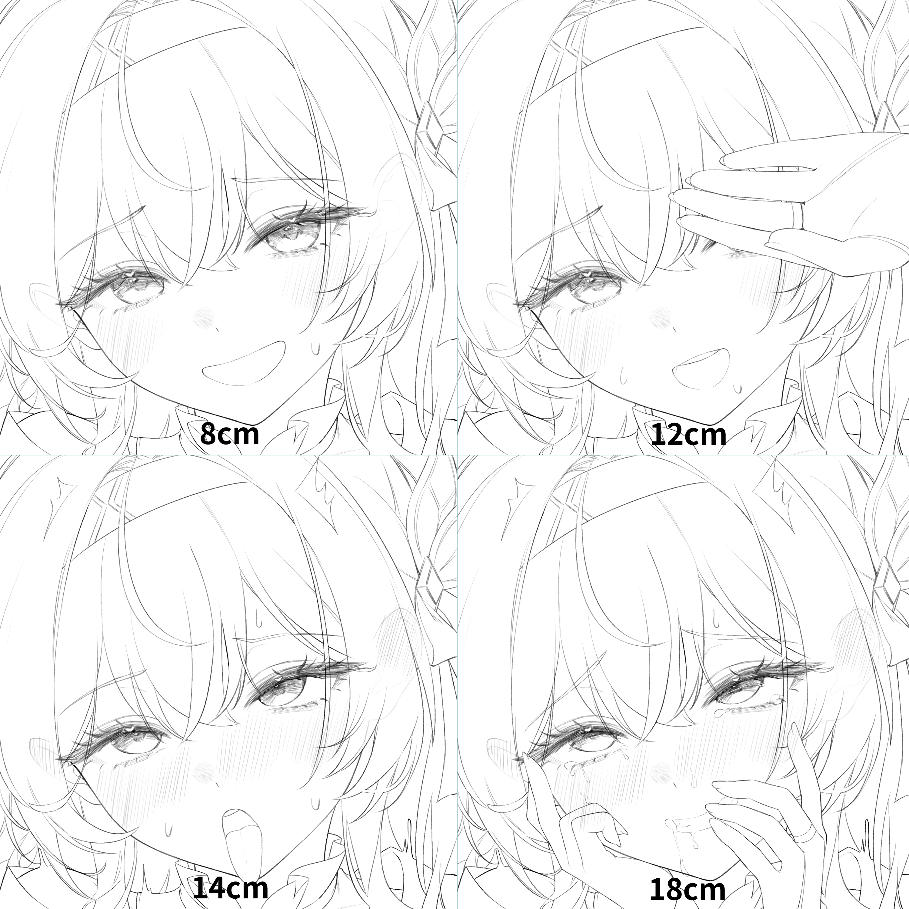 harin 05, firefly (honkai: star rail), honkai: star rail, honkai (series), absurdres, commentary request, highres, korean commentary, 1girl, ahegao, blush, bridal gauntlets, covering one eye, ear blush, greyscale, hairband, hand on own cheek, hand on own face, long hair, looking at viewer, measuring, monochrome, open mouth, penis measuring, portrait, rolling eyes, smile, tongue, tongue out