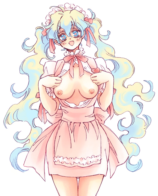 karezel, nia teppelin, tengen toppa gurren lagann, bad id, bad pixiv id, + +, 00s, 1girl, apron, breasts, cross-shaped pupils, dress, female focus, frills, lolita fashion, long hair, maid, maid apron, maid headdress, multicolored hair, nipples, pink dress, ribbon, solo, symbol-shaped pupils, twintails