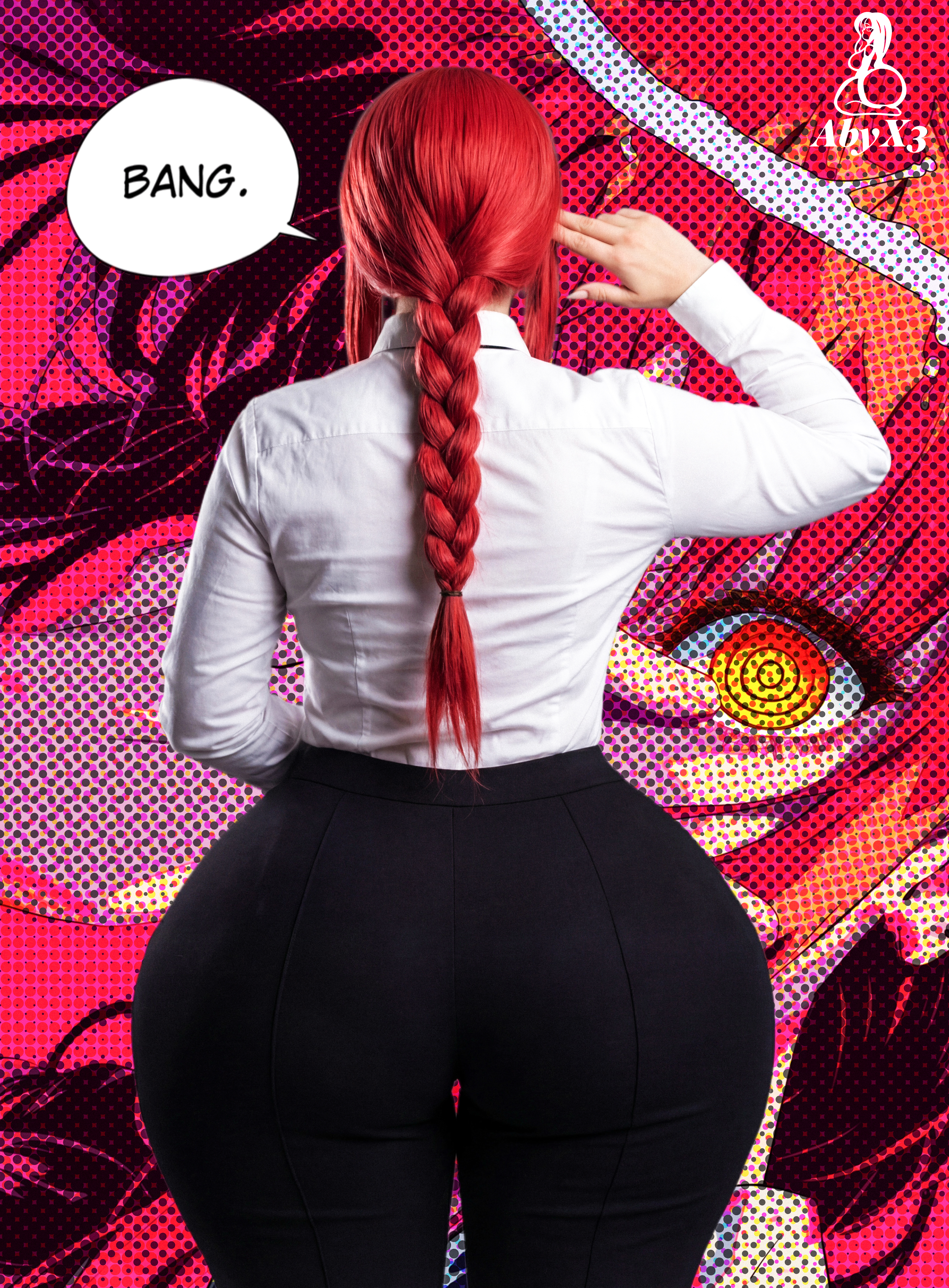 abxy, makima (chainsaw man), cosplay photo, photo (medium), ass, cosplay, huge ass, thick thighs, thighs, tight clothes, wide hips