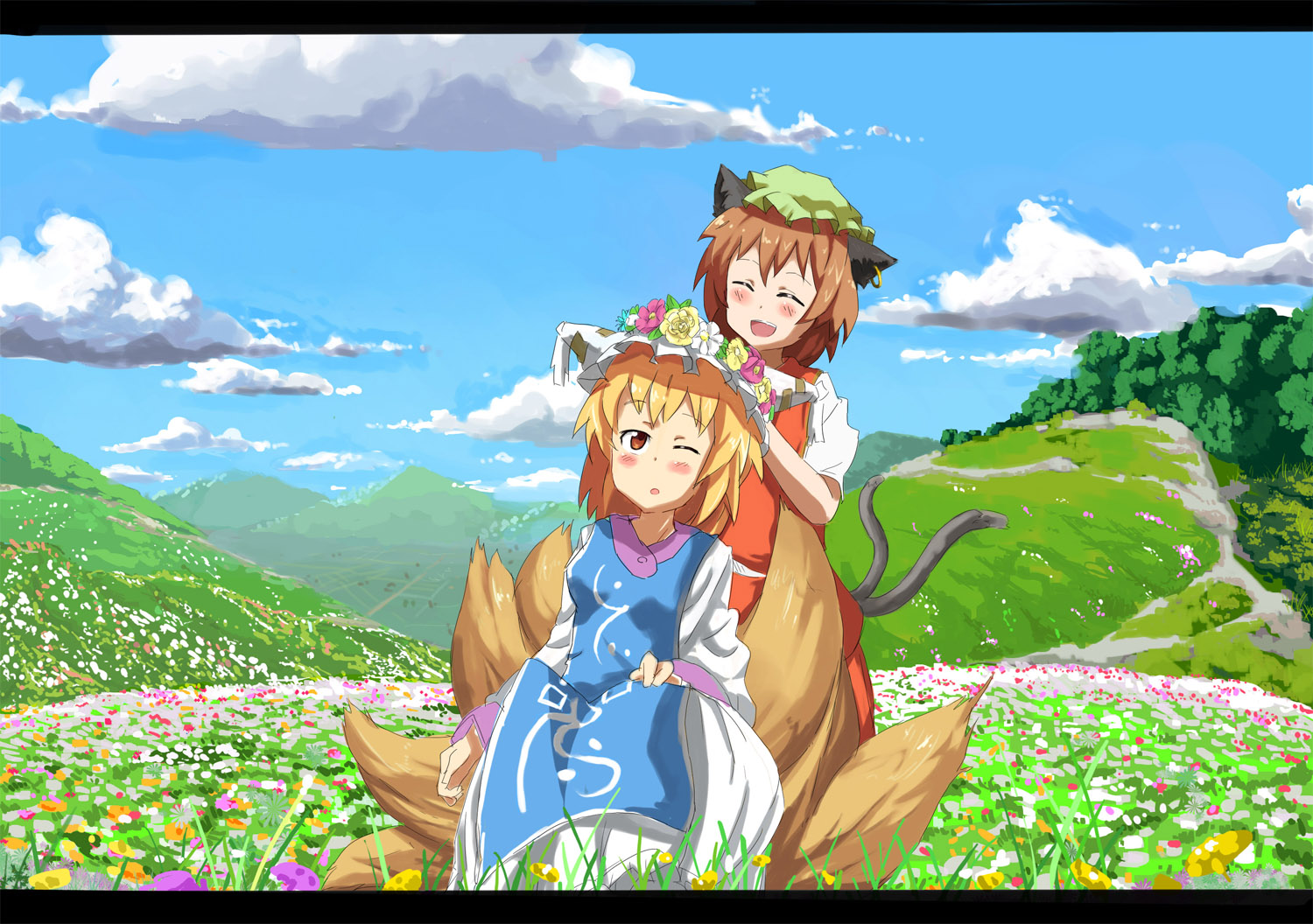 ratsuparu, chen, yakumo ran, touhou, bad id, bad pixiv id, 2girls, animal ears, blonde hair, brown eyes, brown hair, cat ears, cat girl, cat tail, dress, earrings, female focus, flower, fox tail, hat, jewelry, letterboxed, multiple girls, multiple tails, nature, outdoors, plant, short hair, sky, tail