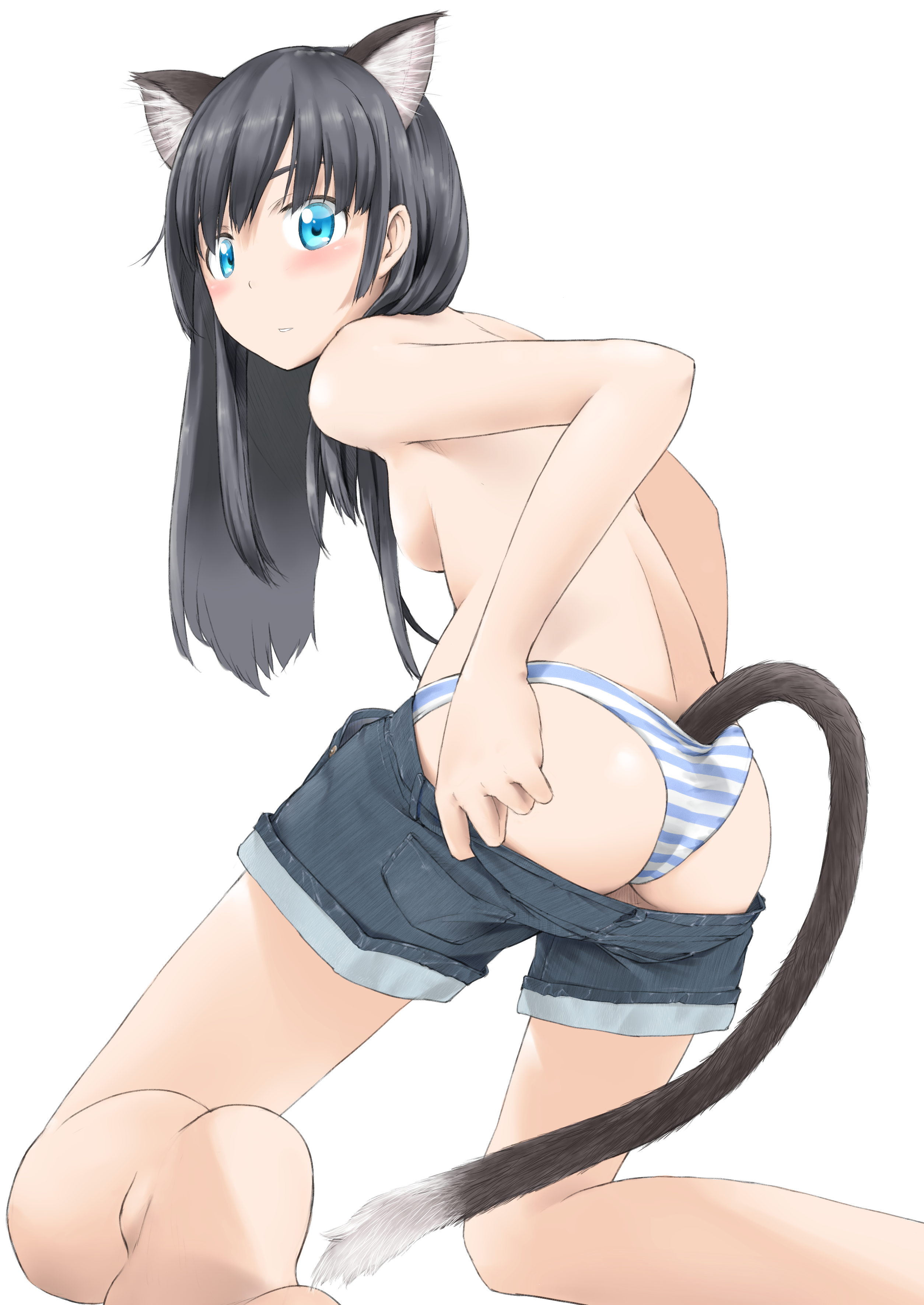 imao kiiru, original, absurdres, highres, 1girl, animal ears, ass, barefoot, black hair, blue eyes, blush, breasts, cat ears, cat tail, clothes pull, denim, denim shorts, female focus, kneeling, lifted by tail, long hair, looking back, panties, pulling own clothes, shorts, shorts pull, small breasts, solo, striped clothes, striped panties, tail, topless female, underwear
