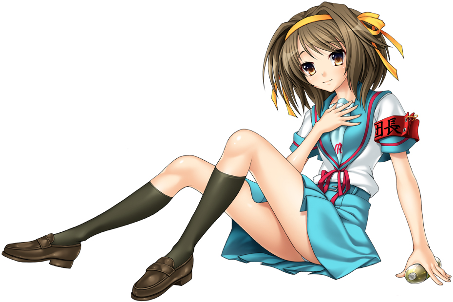 440 (straight440), suzumiya haruhi, suzumiya haruhi no yuuutsu, 00s, armband, black socks, bottle, hair ribbon, kneehighs, loafers, panties, pantyshot, ribbon, school uniform, serafuku, shoes, sitting, socks, solo, underwear