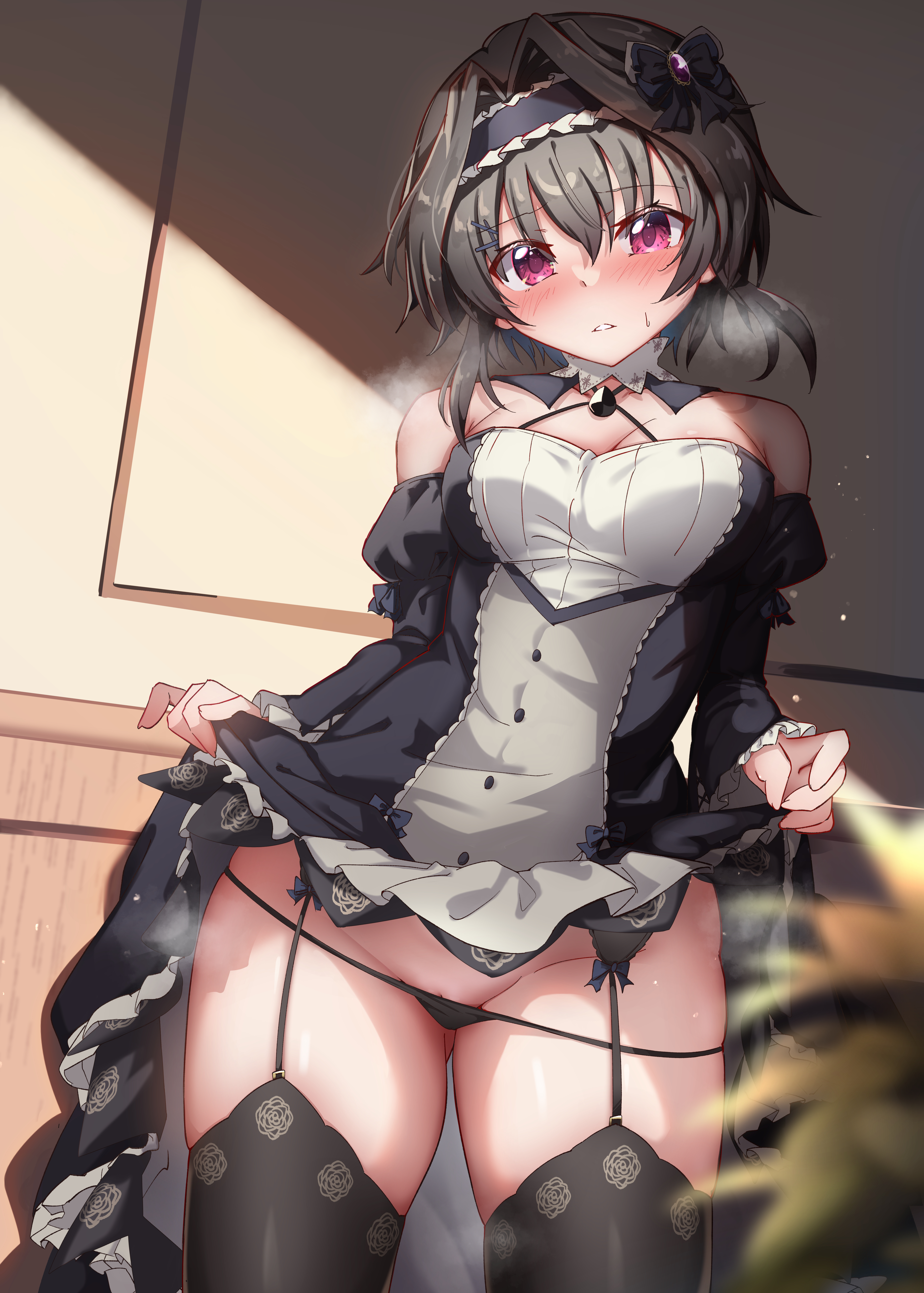 gabanborjarnon, yuuki noa, 9-nine-, absurdres, commentary request, highres, 1girl, bare shoulders, black bow, black dress, black hair, black hairband, black panties, blue bow, blurry, blush, bow, breasts, breath, brooch, buttons, cleavage, clothes lift, cowboy shot, criss-cross halter, depth of field, detached collar, dress, dress bow, dress lift, eyes visible through hair, floral print, floral print dress, floral print thighhighs, frilled dress, frilled hairband, frilled sleeves, frills, furrowed brow, garter straps, gem, gluteal fold, gothic lolita, groin, hair between eyes, hair bow, hair intakes, hair ornament, hairband, hairclip, halterneck, indoors, jewelry, juliet sleeves, lifting own clothes, lolita fashion, long sleeves, looking at viewer, medium breasts, nose blush, off-shoulder dress, off shoulder, panties, panty pull, parted lips, partially visible vulva, presenting, print dress, print thighhighs, puffy sleeves, purple gem, red eyes, rose print, shadow, short hair with long locks, solo, sweatdrop, thighhighs, thighs, underwear, wide sleeves