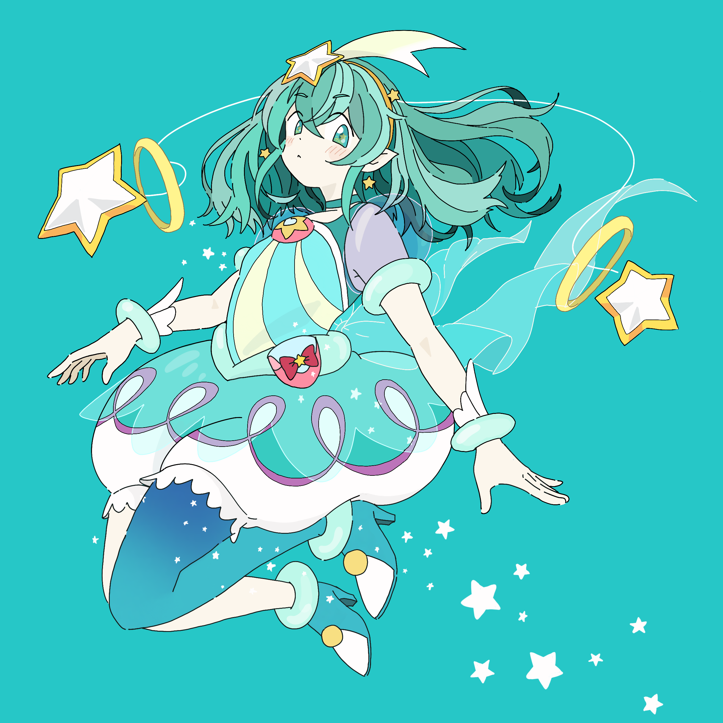 takahoshi (yunch327), cure milky, hagoromo lala, precure, star twinkle precure, absurdres, commentary request, highres, 1girl, anime coloring, anklet, antennae, aqua background, aqua boots, aqua choker, aqua eyes, aqua hair, aqua shirt, aqua skirt, aqua theme, back bow, bag bow, blue bag, blue bow, blue shirt, blue skirt, blue thighhighs, blush stickers, boots, bow, bracelet, brooch, bubble skirt, choker, closed mouth, collarbone, crossed bangs, dot nose, earrings, expressionless, floating clothes, floating hair, frilled thighhighs, frills, full body, hair between eyes, hair ornament, hairband, high heel boots, high heels, jewelry, jumping, layered shirt, layered skirt, light frown, long hair, magical girl, miniskirt, mismatched thighhighs, orange hairband, pale skin, pink bag, pointy ears, puffy short sleeves, puffy sleeves, purple sleeves, red bow, see-through bow, see-through clothes, see-through skirt layer, see-through sleeves, shirt, shooting star hair ornament, short sleeves, simple background, skirt, solo, star (symbol), star earrings, star hair ornament, striped clothes, striped shirt, tareme, thighhighs, two-tone bag, waist bag, white thighhighs