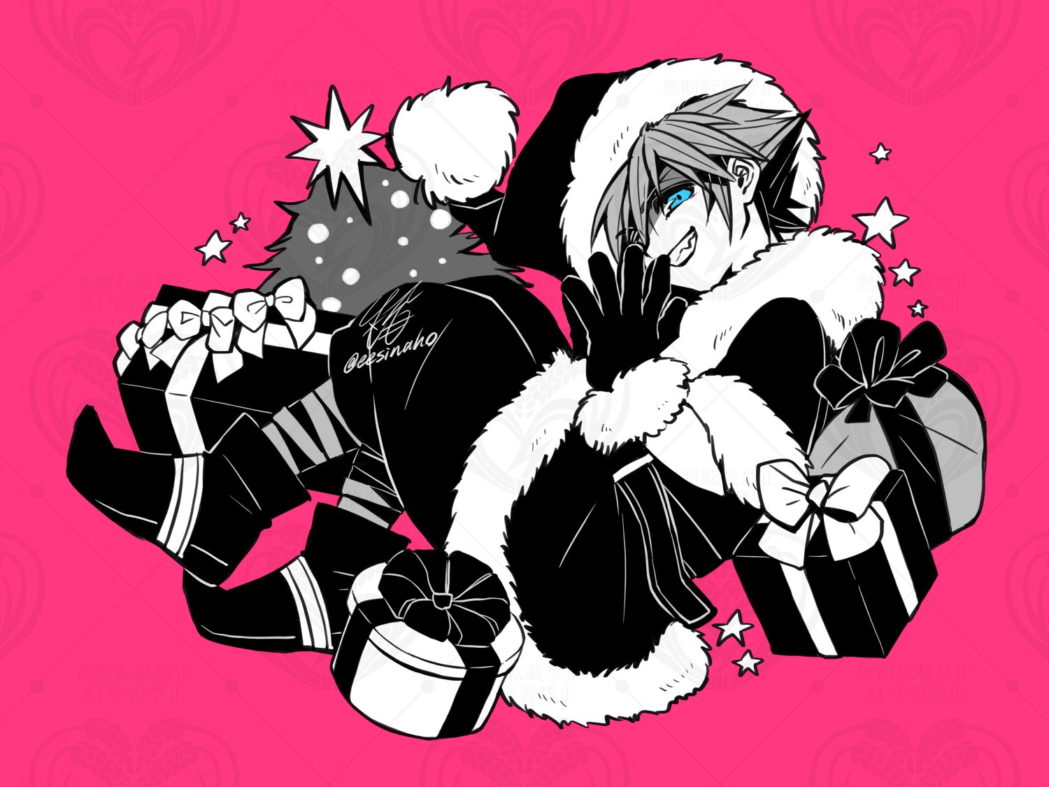 inaho (sesyrne), sora (kingdom hearts), kingdom hearts, commentary request, 1boy, aqua eyes, black boots, black gloves, boots, box, christmas present, christmas tree, coat, full body, fur-trimmed coat, fur-trimmed gloves, fur-trimmed headwear, fur trim, gift, gift box, gloves, grin, hair between eyes, hat, male focus, pink background, pom pom hat ornament, santa hat, short hair, signature, smile, solo, spiked hair, teeth, twitter username