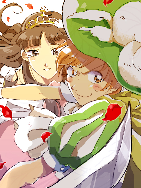 chunko, sltchunko, amagi yukiko, satonaka chie, atlus, persona, persona 4, 2girls, androgynous, black hair, blush stickers, brown eyes, brown hair, cape, dress, feathers, grin, hat, long hair, multiple girls, petals, princess, reverse trap, short hair, smile, sword, tears, tiara, tomboy, weapon