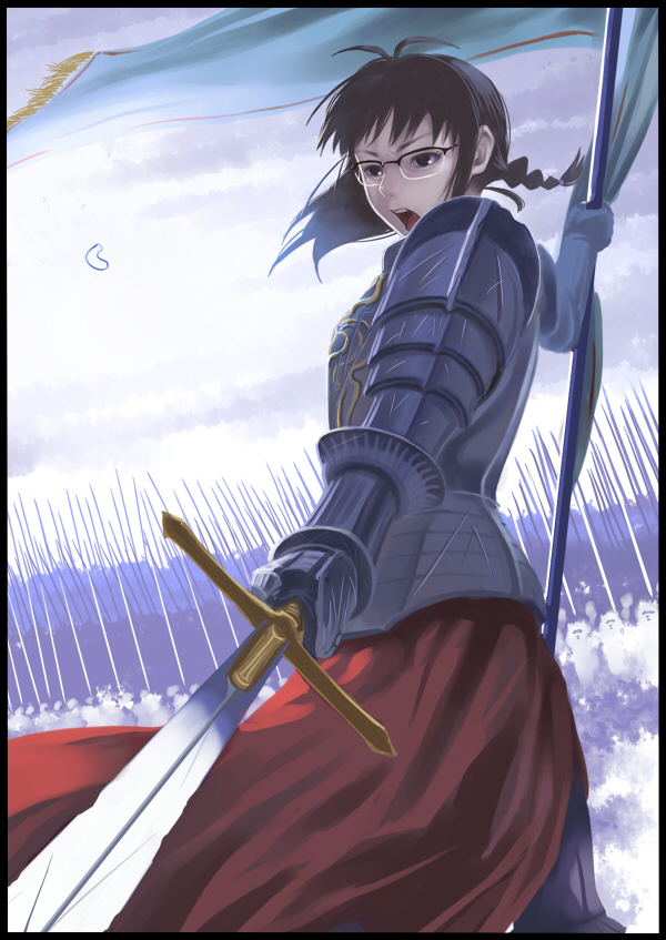 inu (aerodog), akizuki ritsuko, idolmaster, idolmaster (classic), 00s, 1girl, alpaca, angry, antenna hair, armor, army, banner, braid, brown eyes, brown hair, dutch angle, female focus, flag, glasses, holding banner, lance, open mouth, outdoors, polearm, short hair, solo, spear, sword, twin braids, twintails, war, weapon