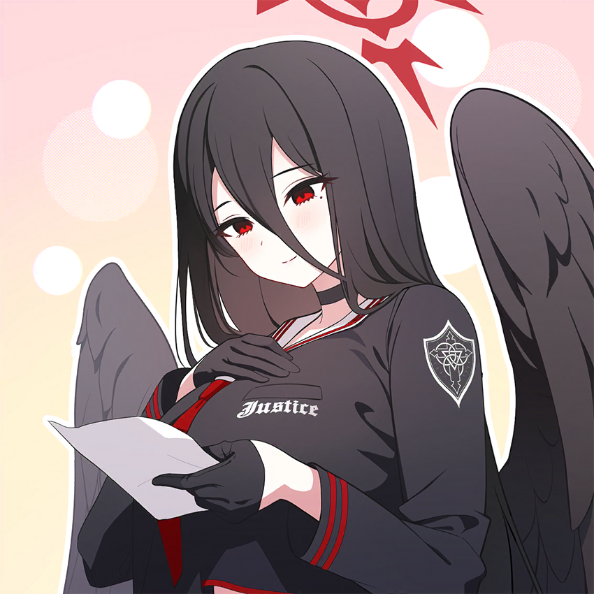 hasumi (blue archive), blue archive, game cg, non-web source, official art, angel, angel wings, black hair, blush, choker, hair between eyes, halo, happy, light blush, light smile, long hair, mole, mole under eye, note, reading, red eyes, school uniform, smile, wings