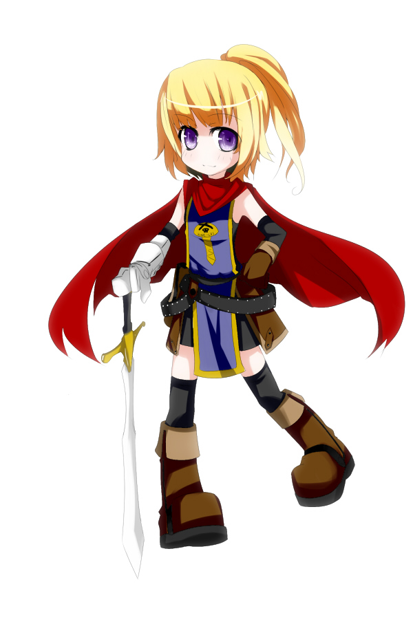 noirly, character request, blonde hair, cape, ponytail, purple eyes, solo, sword, weapon