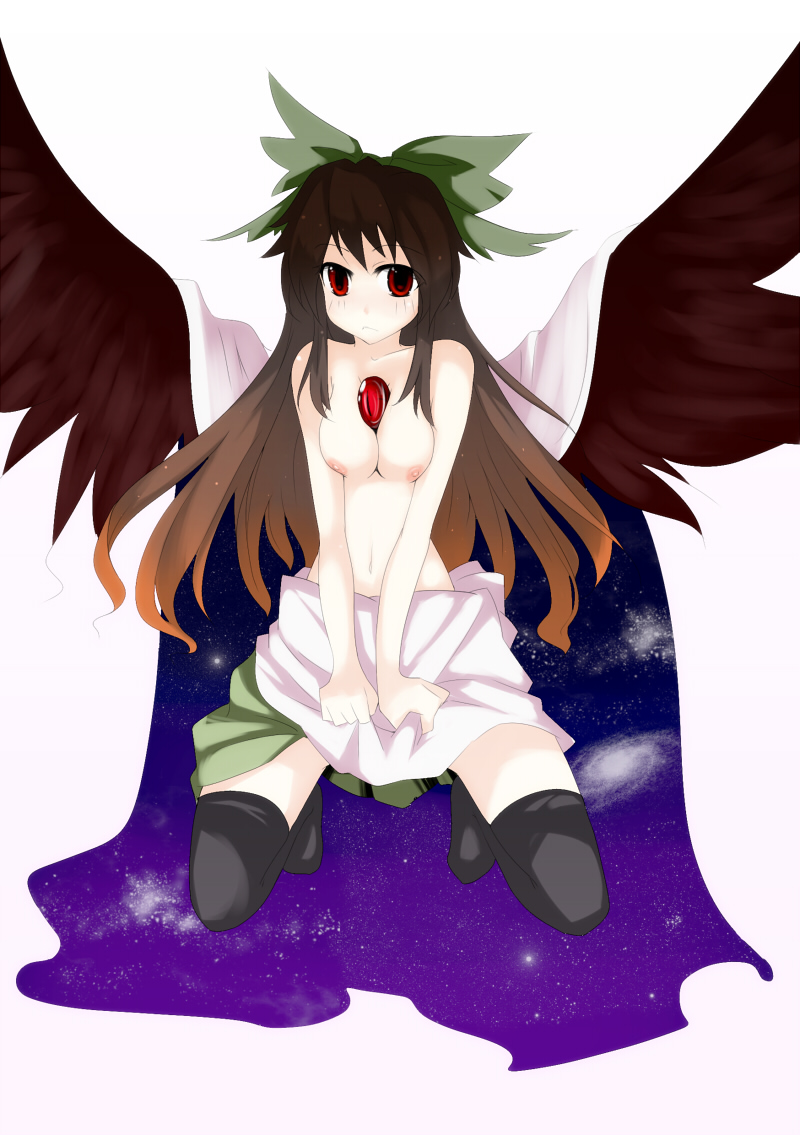 noirly, reiuji utsuho, touhou, 1girl, black thighhighs, breasts, breasts squeezed together, brown hair, cape, female focus, full body, hair ribbon, long hair, nipples, red eyes, ribbon, solo, thighhighs, topless female, white background, wings