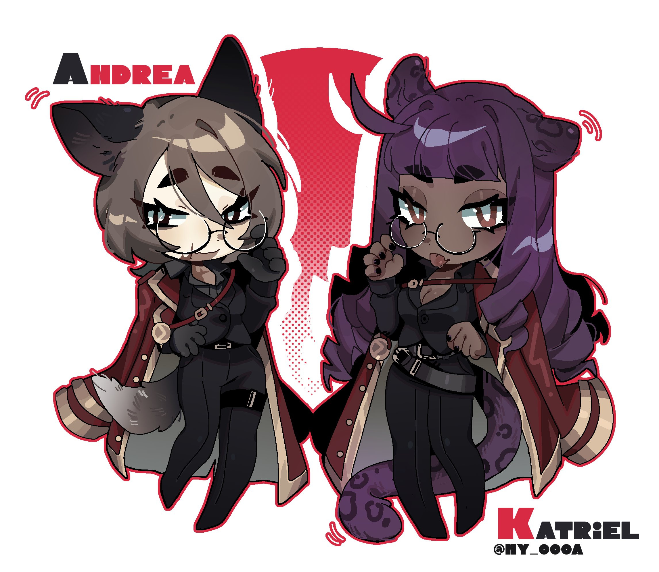 ny 000a, katriel (project moon), library of ruina, original, project moon, commentary, english commentary, highres, 2girls, animal ears, belt, blood, blood on face, character name, chibi, coat, dark skin, fang, formal clothes, loose belt, multiple girls, nail polish, oc x canon, signature, simple background, skin fang, suit, tail, thick eyebrows, thigh strap