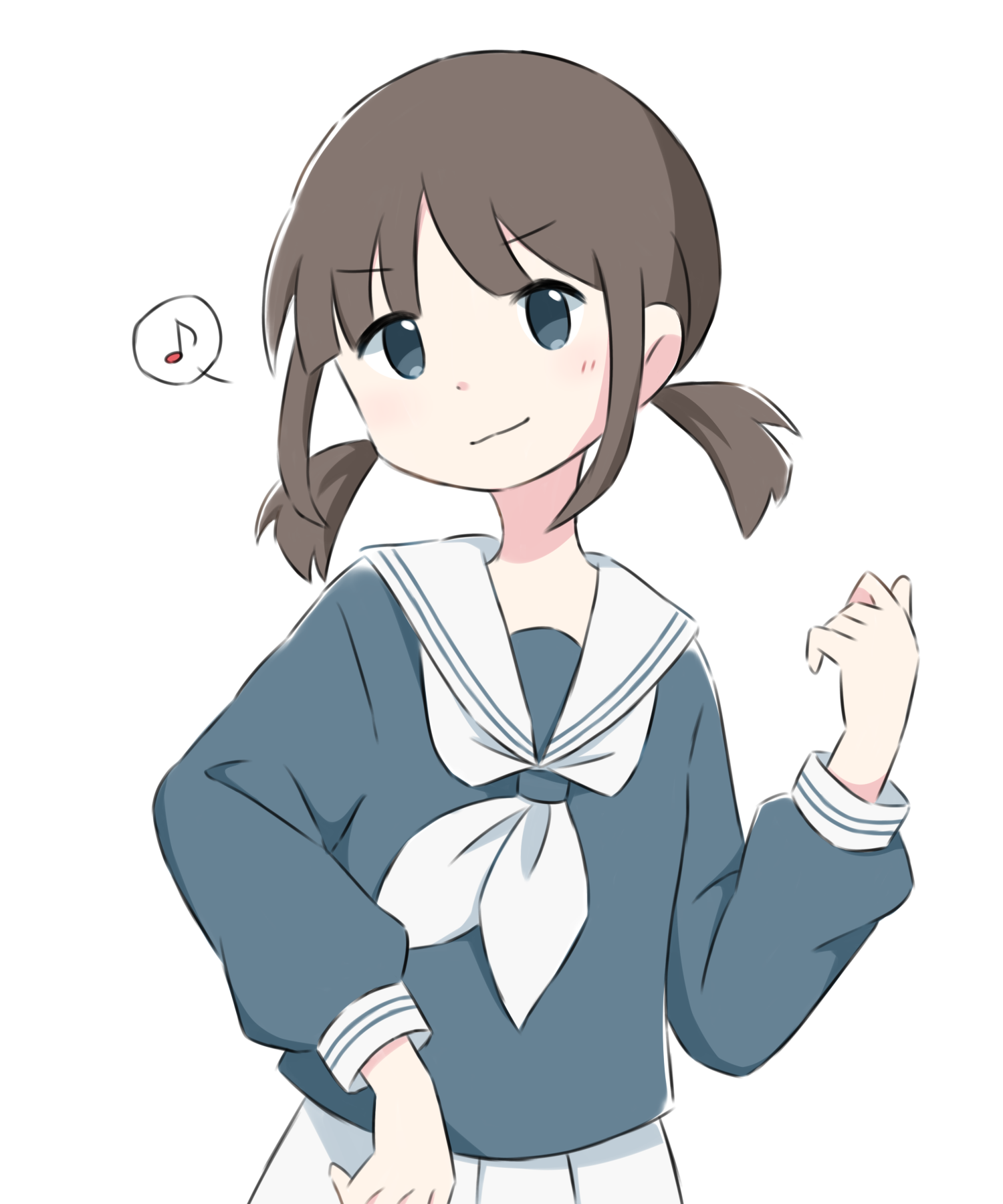 azchipi, original, commentary request, highres, 1girl, brown hair, grey eyes, grey shirt, hand up, long sleeves, looking at viewer, low twintails, musical note, neckerchief, sailor collar, school uniform, serafuku, shirt, short twintails, simple background, solo, spoken musical note, twintails, upper body, white background, white neckerchief, white sailor collar