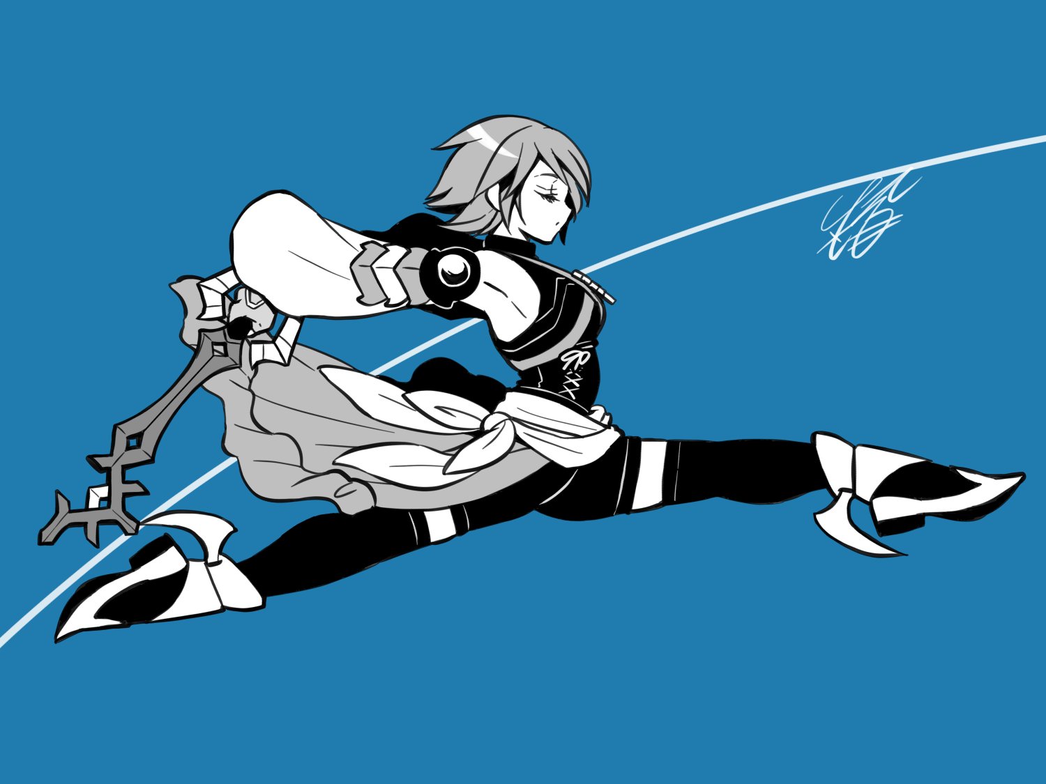 inaho (sesyrne), aqua (kingdom hearts), kingdom hearts, kingdom hearts birth by sleep, commentary request, 1girl, black thighhighs, blue background, boots, breasts, chest strap, closed eyes, closed mouth, detached sleeves, full body, halterneck, holding, holding weapon, keyblade, medium breasts, medium hair, monochrome, sash, signature, sleeveless, sleeveless turtleneck, solo, thighhighs, turtleneck, waist sash, weapon, white sleeves