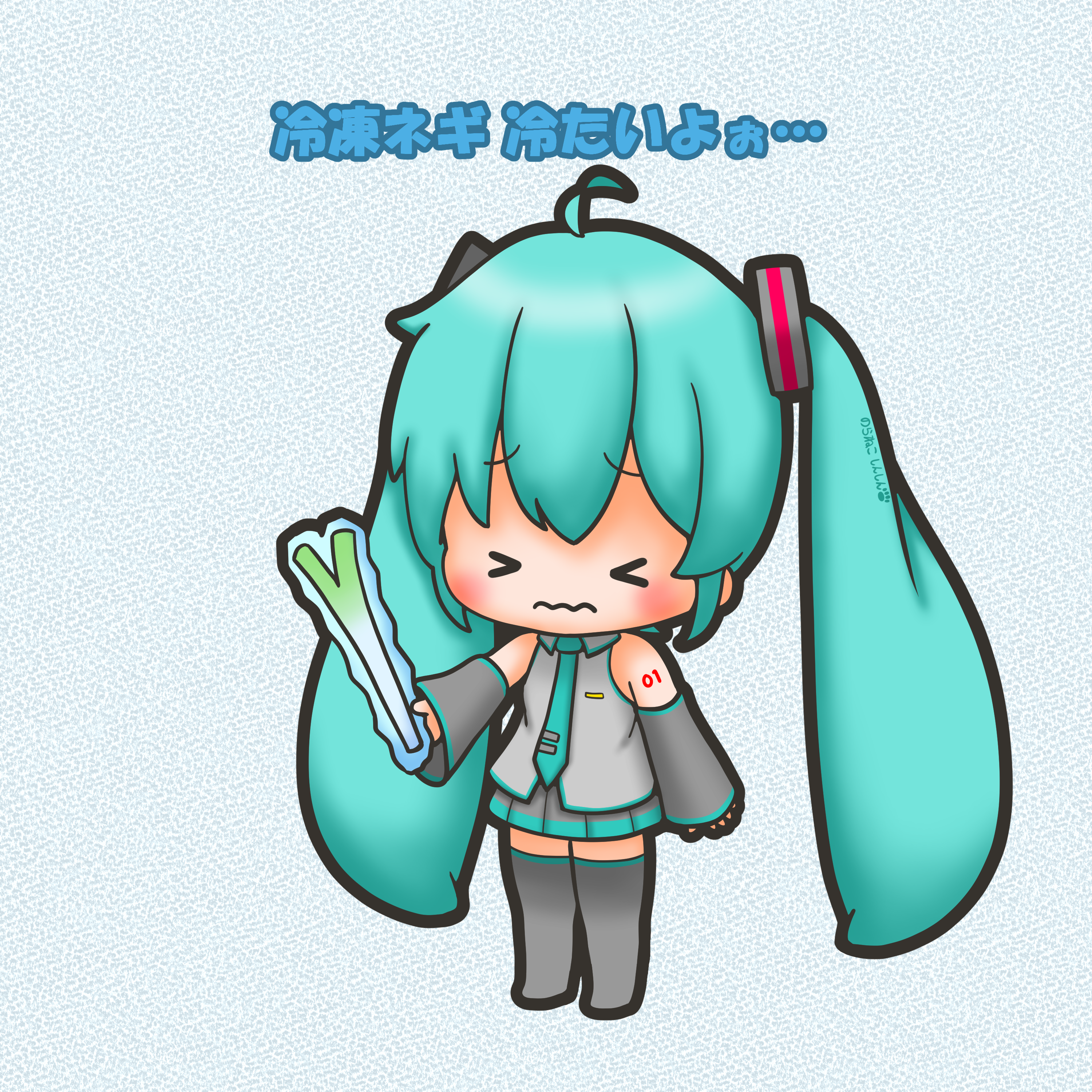 sh1n chan, hatsune miku, vocaloid, absurdres, commentary request, highres, > <, 1girl, ahoge, aqua hair, aqua necktie, chibi, chibi only, detached sleeves, food, frozen, full body, holding, holding food, holding spring onion, holding vegetable, miniskirt, necktie, pleated skirt, shirt, skirt, sleeveless, sleeveless shirt, solo, spring onion, standing, thick outlines, twintails, vegetable, wavy mouth