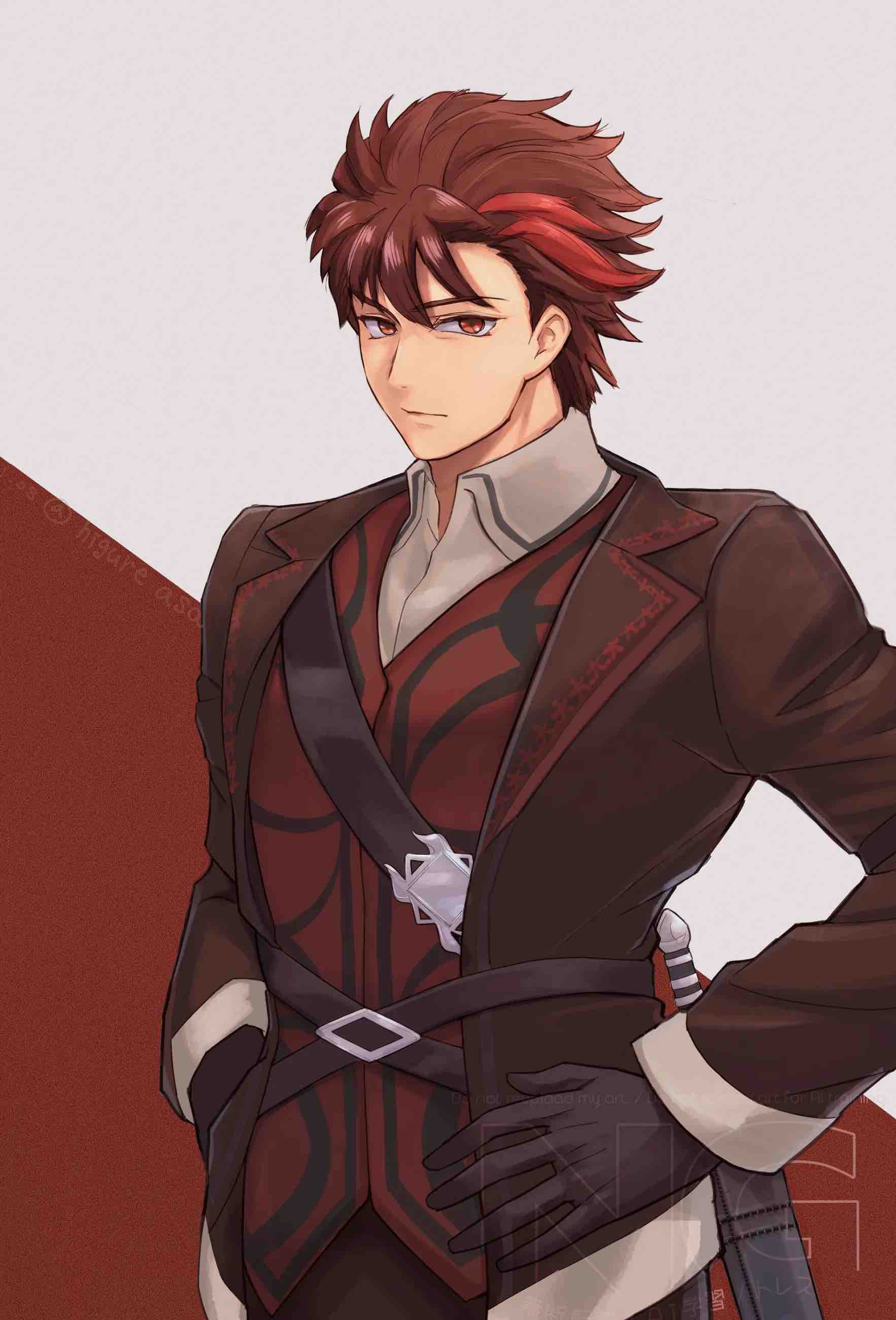 zuguroman, diamant (fire emblem), fire emblem, fire emblem engage, nintendo, absurdres, commentary request, highres, 1boy, alternate costume, closed mouth, hands on own hips, looking at viewer, male focus, red eyes, red hair, solo, upper body