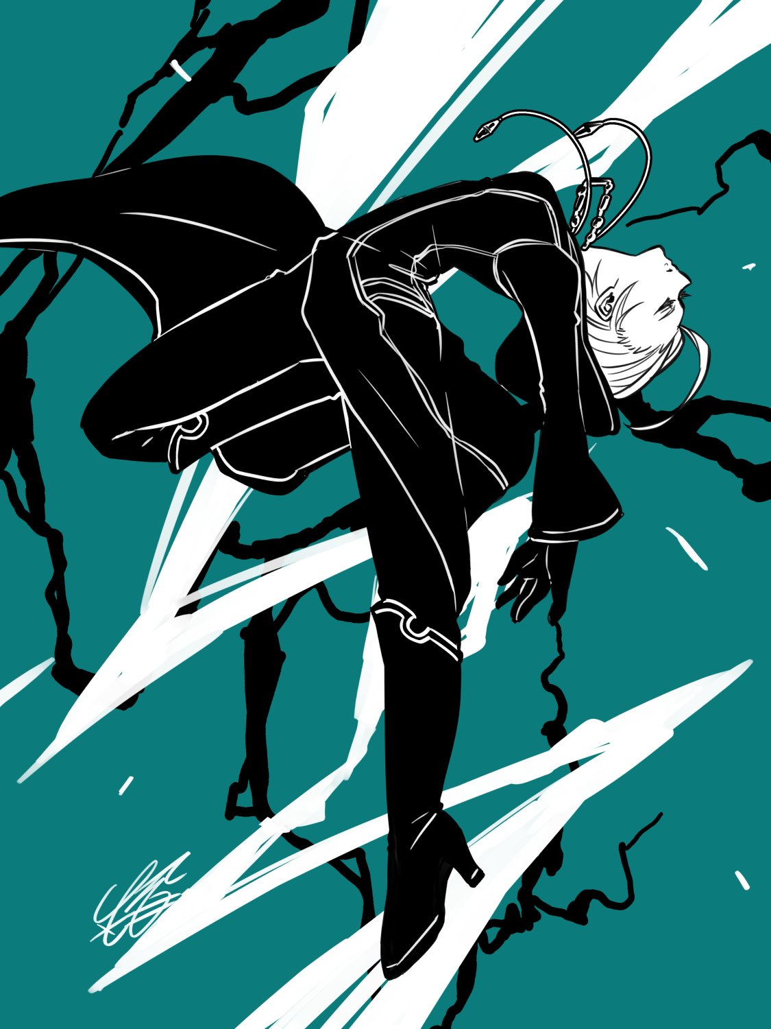 inaho (sesyrne), larxene, kingdom hearts, kingdom hearts ii, commentary request, highres, 1girl, antenna hair, arched back, black boots, black gloves, black robe, boots, closed eyes, closed mouth, full body, gloves, green background, hair slicked back, hood, hood down, hooded robe, monochrome, robe, short hair, signature, solo