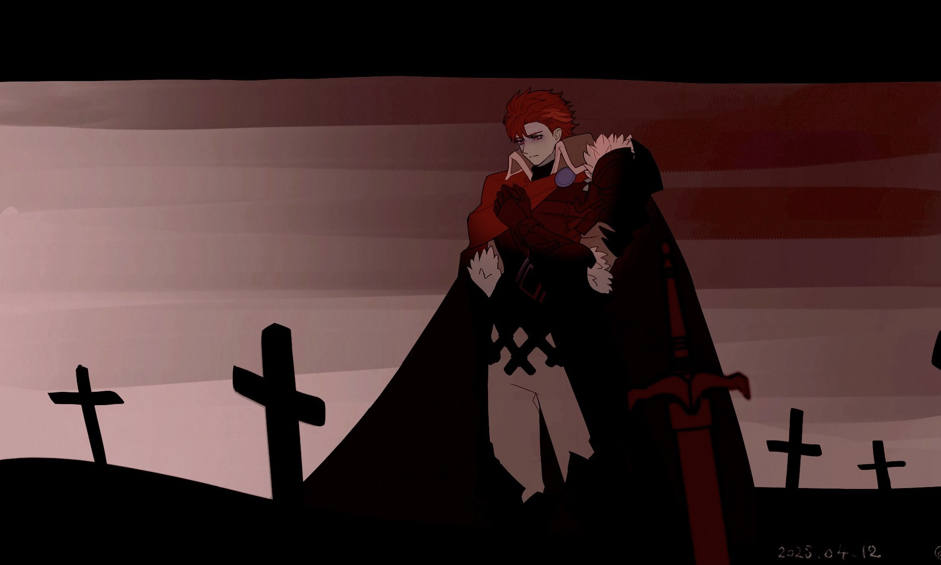 zuguroman, diamant (fire emblem), fire emblem, fire emblem engage, nintendo, commentary request, highres, 1boy, cape, male focus, pants, prince, red cape, red hair, solo, sword, tombstone, weapon, white pants