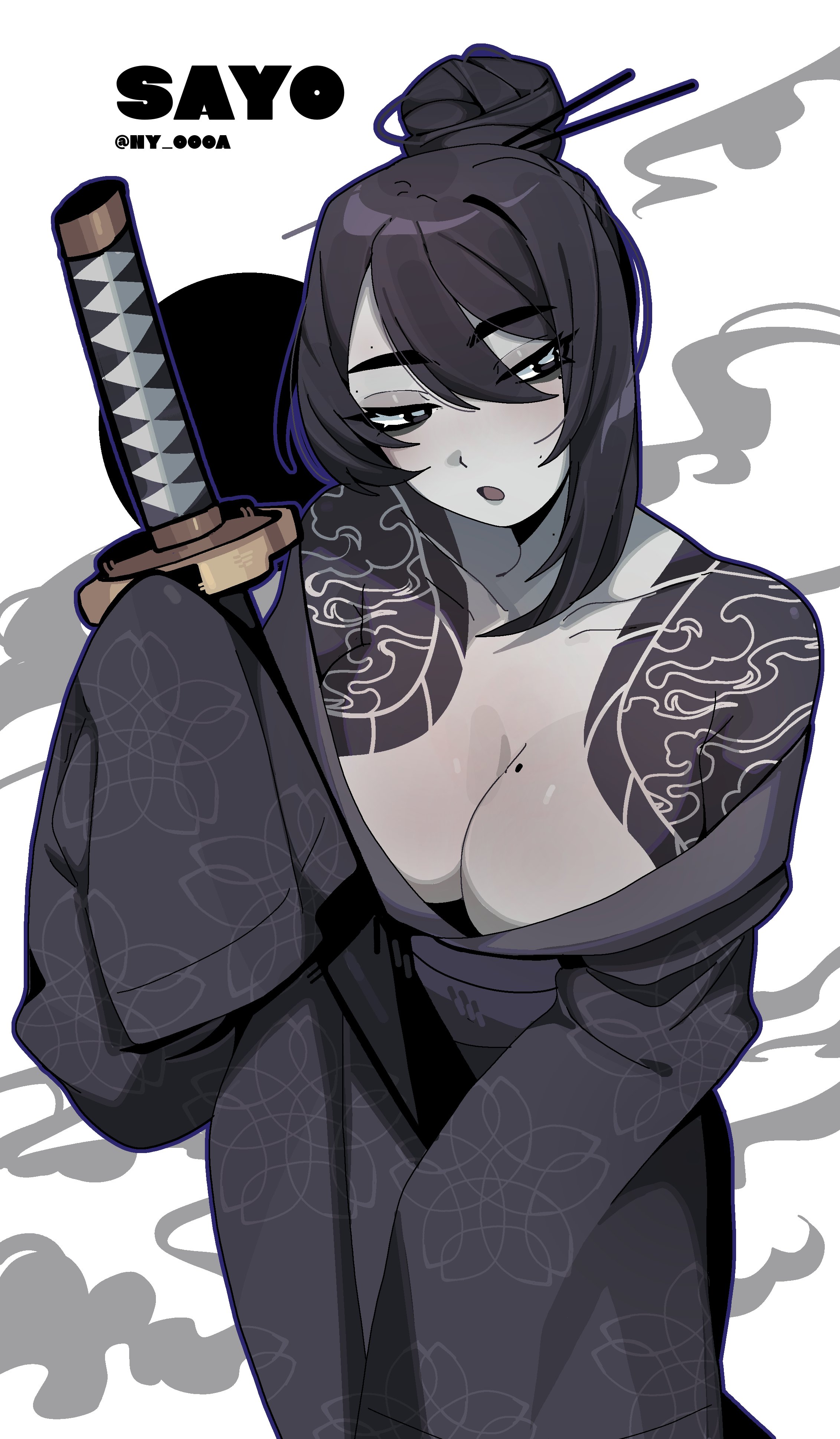 ny 000a, sayo (project moon), library of ruina, project moon, absurdres, commentary, english commentary, highres, 1girl, breasts, character name, chopsticks, cleavage, colored skin, grey skin, hair bun, holding, holding sword, holding weapon, japanese clothes, kimono, loose clothes, mole, mole on breast, signature, simple background, single bang, sword, tattoo, weapon