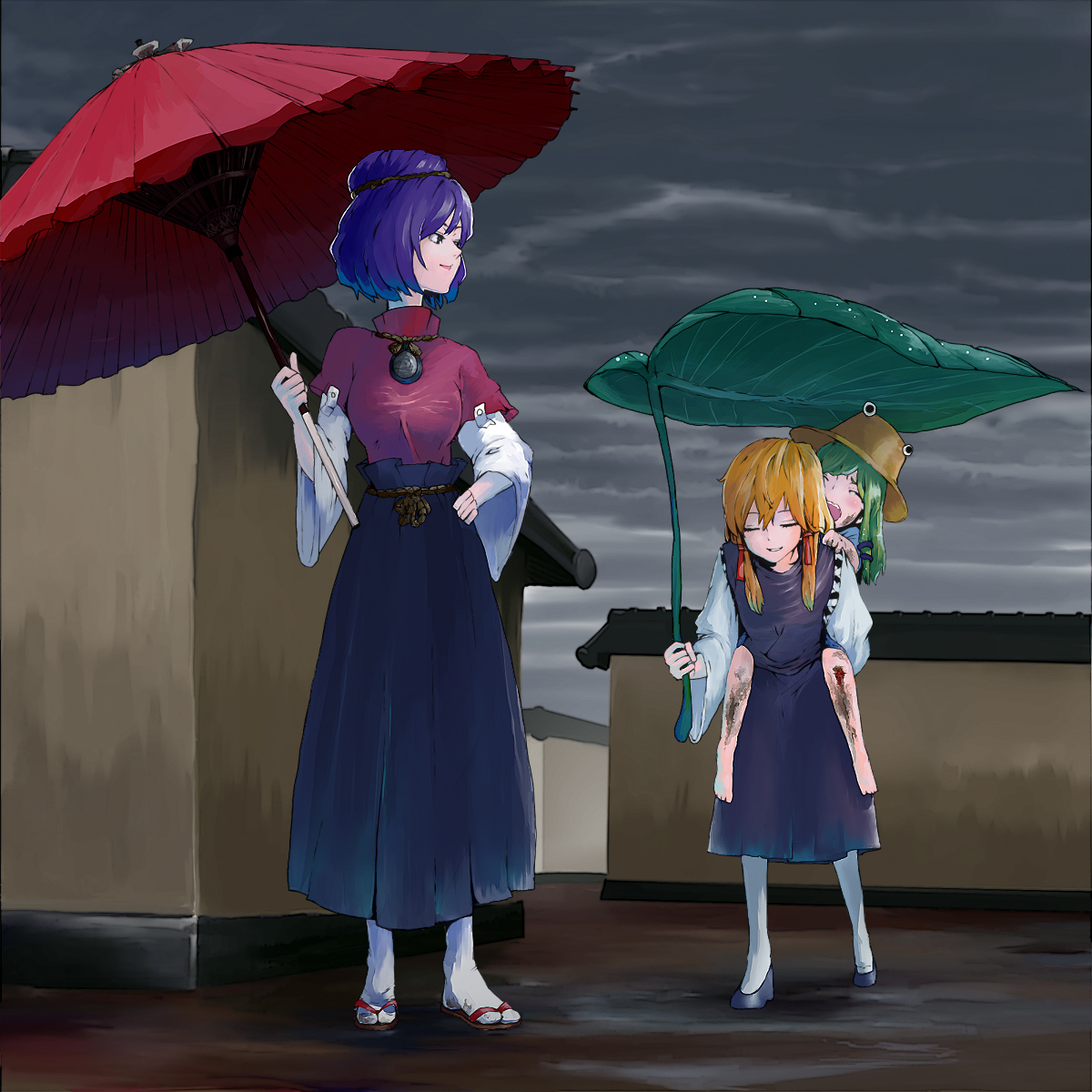 motsuni (artist), kochiya sanae, moriya suwako, yasaka kanako, touhou, highres, 3girls, blonde hair, blood, child, female focus, green hair, hat, injury, long hair, multiple girls, oil-paper umbrella, purple hair, short hair, tears, umbrella