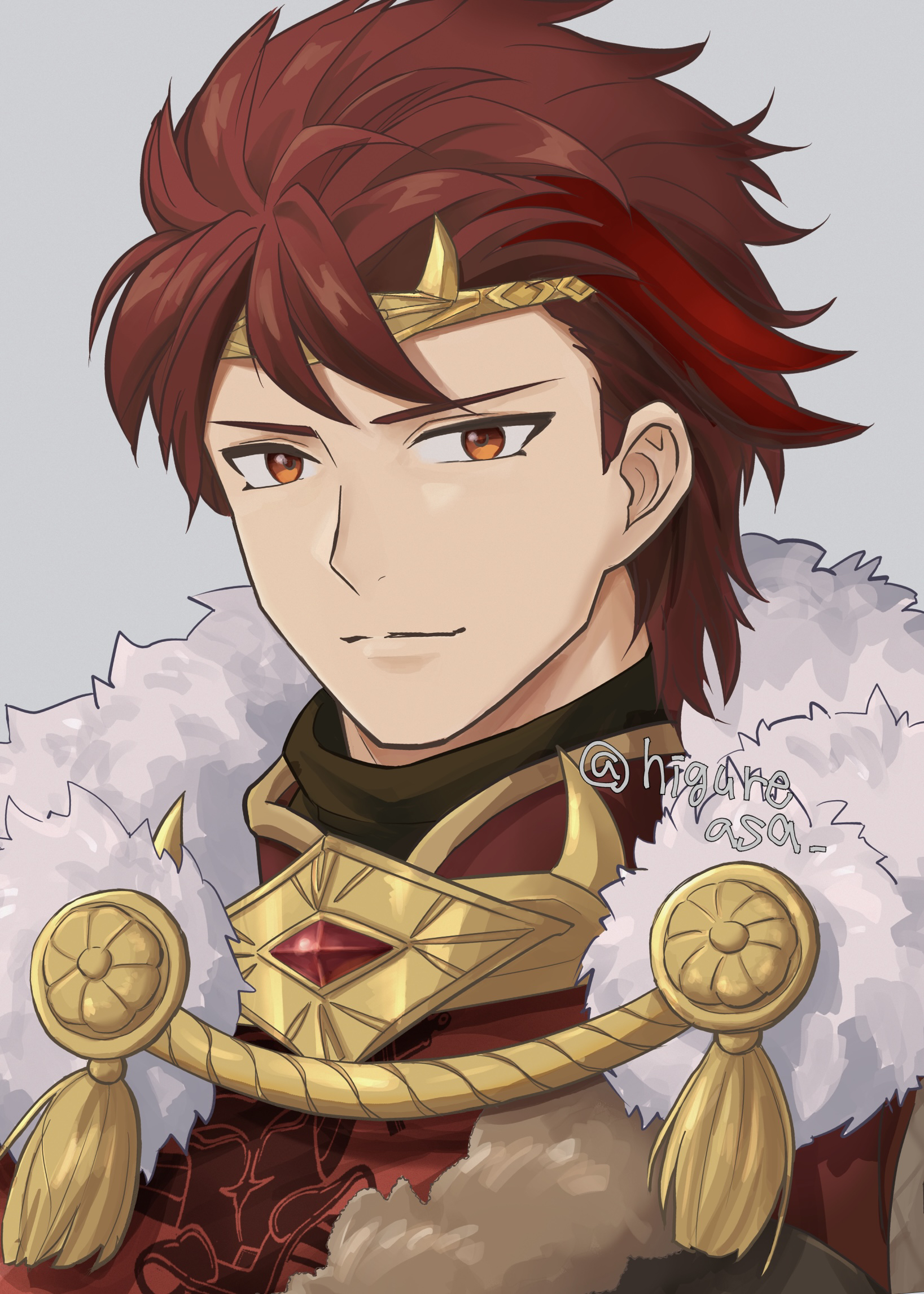 zuguroman, diamant (fire emblem), diamant (fortified king) (fire emblem), fire emblem, fire emblem engage, fire emblem heroes, nintendo, commentary request, highres, 1boy, cape, closed mouth, fur-trimmed cape, fur trim, male focus, official alternate costume, prince, red eyes, red hair, solo