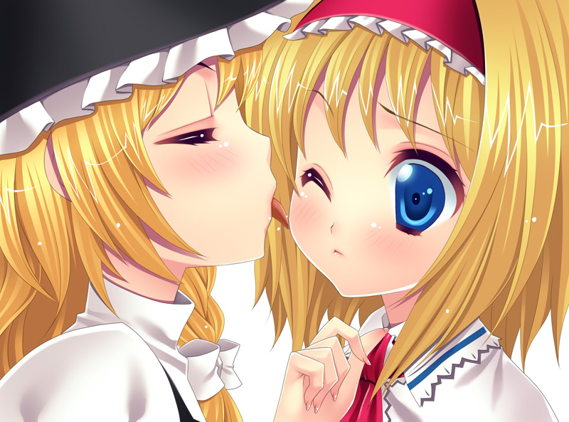 minatsuki alumi, alice margatroid, kirisame marisa, touhou, bad id, bad pixiv id, 2girls, blonde hair, blue eyes, braid, female focus, fingernails, hairband, hat, licking, long fingernails, multiple girls, short hair, tongue, wince, witch, witch hat, yuri