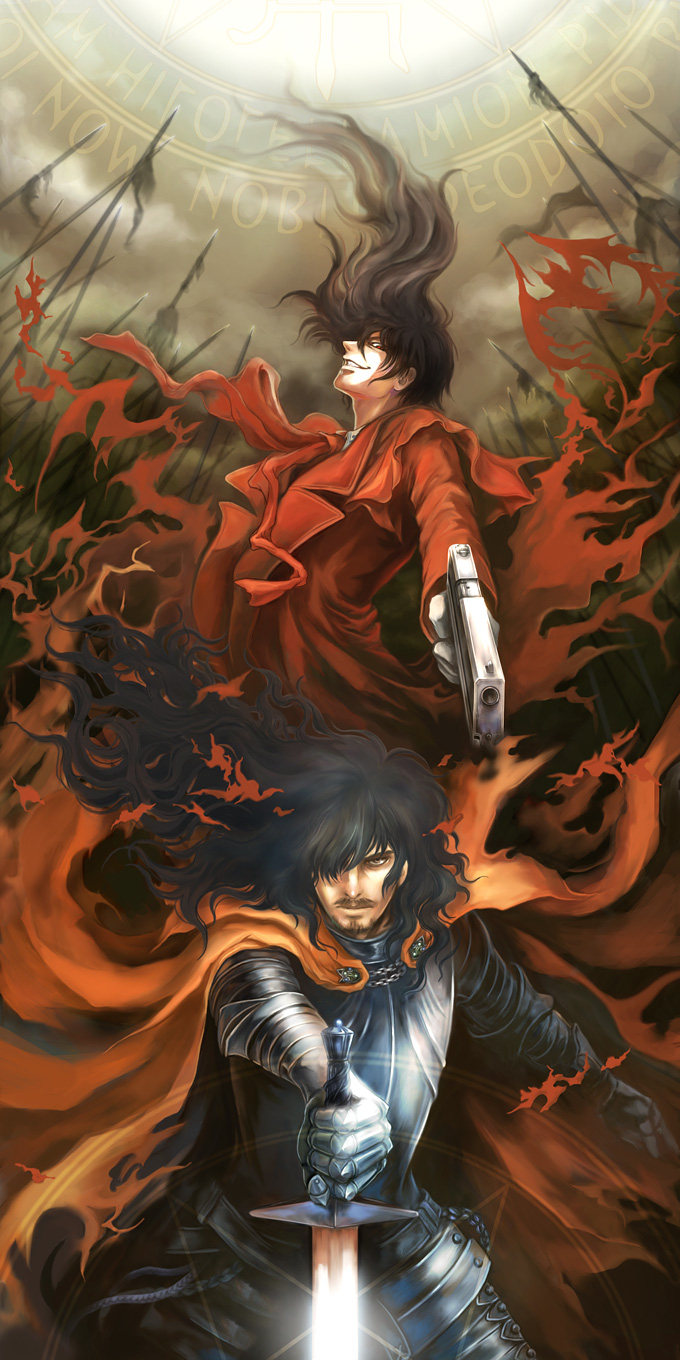 zakuron, alucard (hellsing), vlad tepes (hellsing), vladmir tepes, hellsing, highres, long image, tall image, 2boys, armor, beard, black hair, cape, casull (hellsing), coat, dual persona, epic, facial hair, field of blades, gloves, goatee, grin, gun, hair over one eye, handgun, insignia, long hair, looking at viewer, magic circle, male focus, multiple boys, mustache, necktie, overcoat, pistol, polearm, red coat, red eyes, scarf, smile, spear, sword, torn clothes, vampire, weapon, white gloves