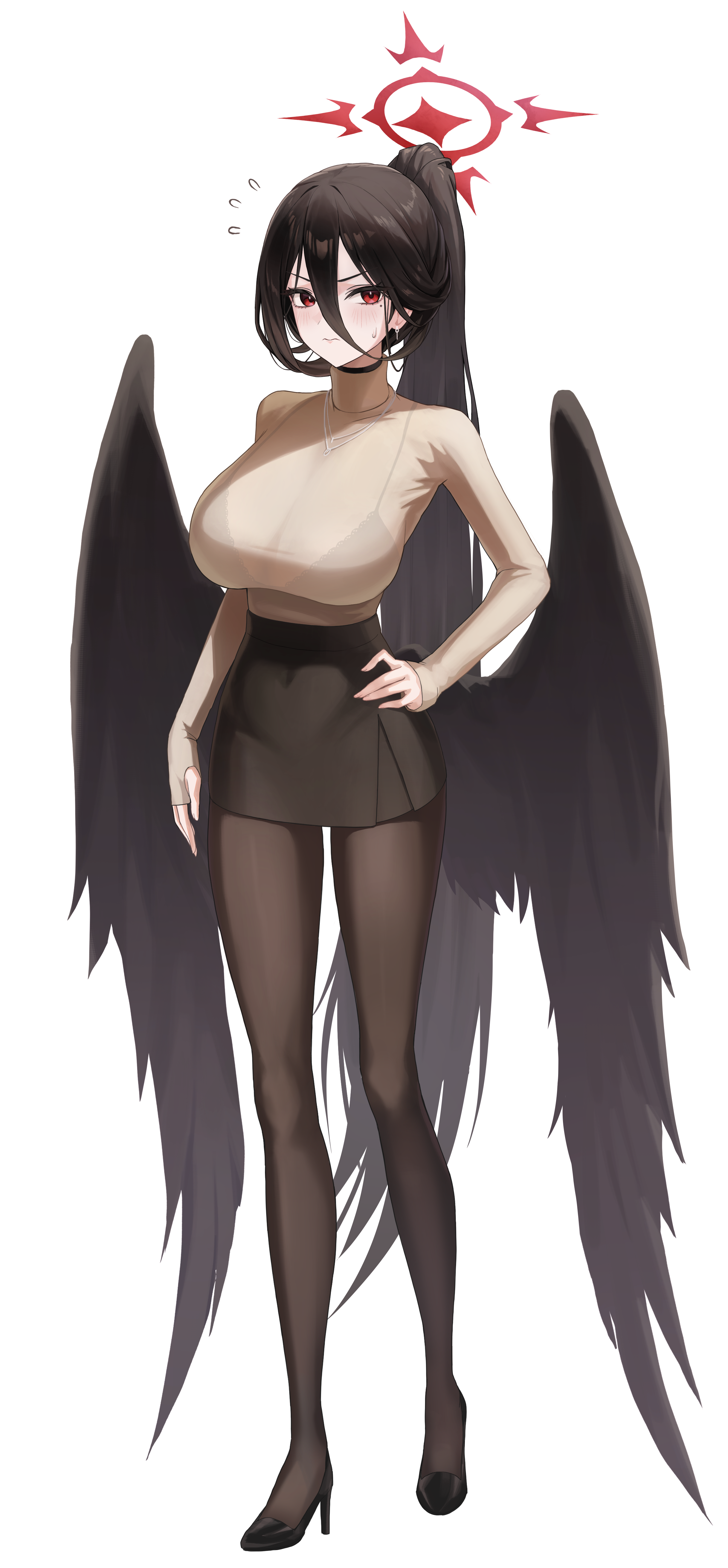 ieasty, hasumi (blue archive), blue archive, absurdres, commentary, highres, 1girl, alternate costume, black bra, black choker, black hair, black shoes, black skirt, black wings, blush, bra, bra visible through clothes, breasts, brown pantyhose, brown shirt, choker, closed mouth, covered navel, cross halo, earrings, embarrassed, flying sweatdrops, full body, hair between eyes, halo, hand on own hip, high heels, jewelry, large breasts, long hair, long hair between eyes, long sleeves, looking at viewer, low wings, miniskirt, mole, mole under eye, necklace, oversized wings, pantyhose, pencil skirt, ponytail, red eyes, red halo, shirt, shirt tucked in, shoes, simple background, skirt, sleeves past wrists, solo, standing, straight hair, turtleneck, turtleneck shirt, underwear, v-shaped eyebrows, very long hair, white background, wings