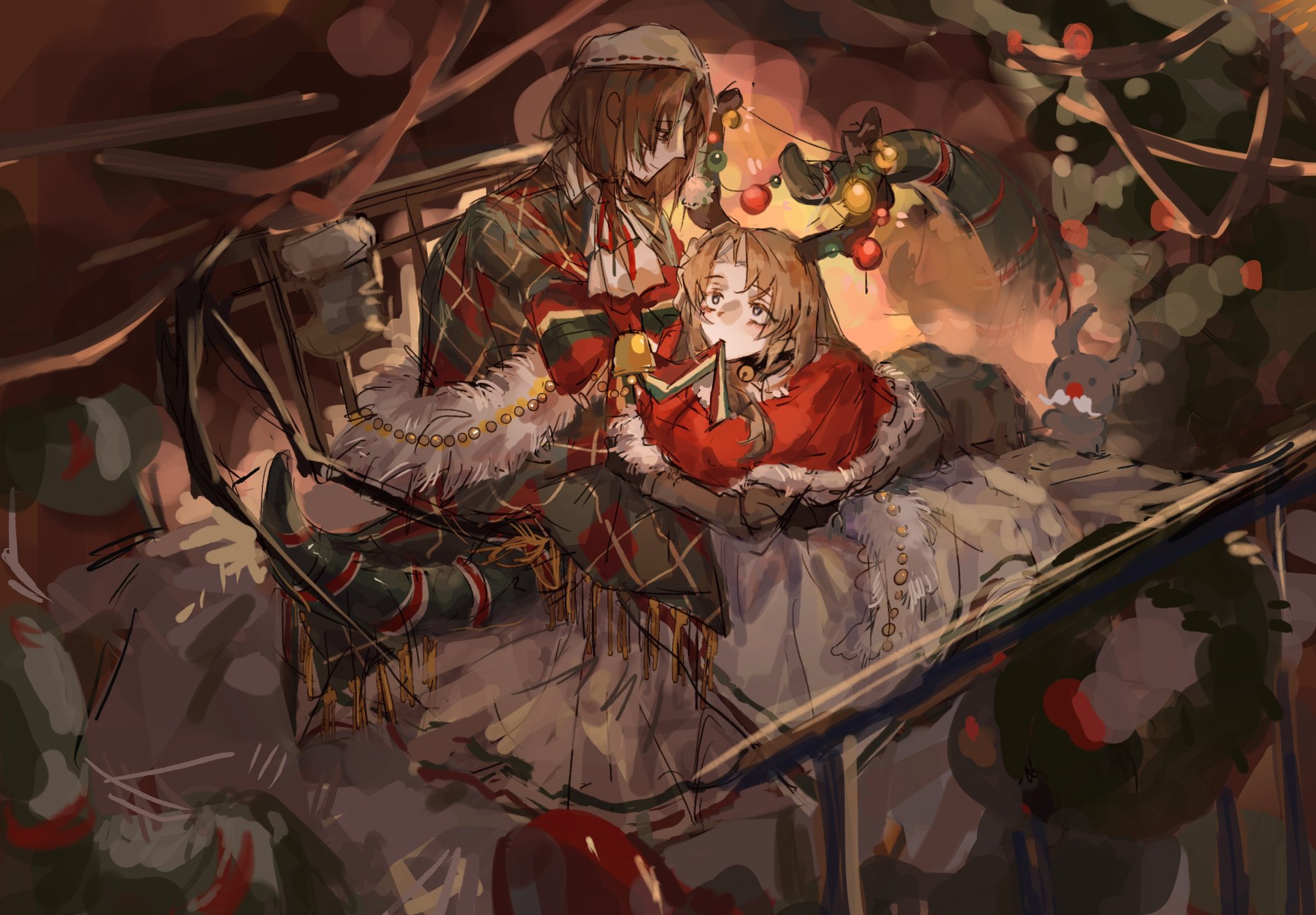 gregor (project moon), rodion (project moon), limbus company, project moon, hashtag-only commentary, highres, 1boy, 1girl, abdali216235, bed, bell, bow, bowtie, brown hair, capelet, christmas, christmas lights, christmas nightmare (e.g.o), christmas ornaments, christmas wreath, e.g.o (project moon), fur-trimmed shawl, fur trim, hair intakes, hat, indoors, long hair, nightcap, plaid clothes, plaid shawl, r corp. (identity) (project moon), red capelet, red ribbon, ribbon, shawl, striped bow, striped bowtie, striped clothes, tentacles, very long hair, wreath