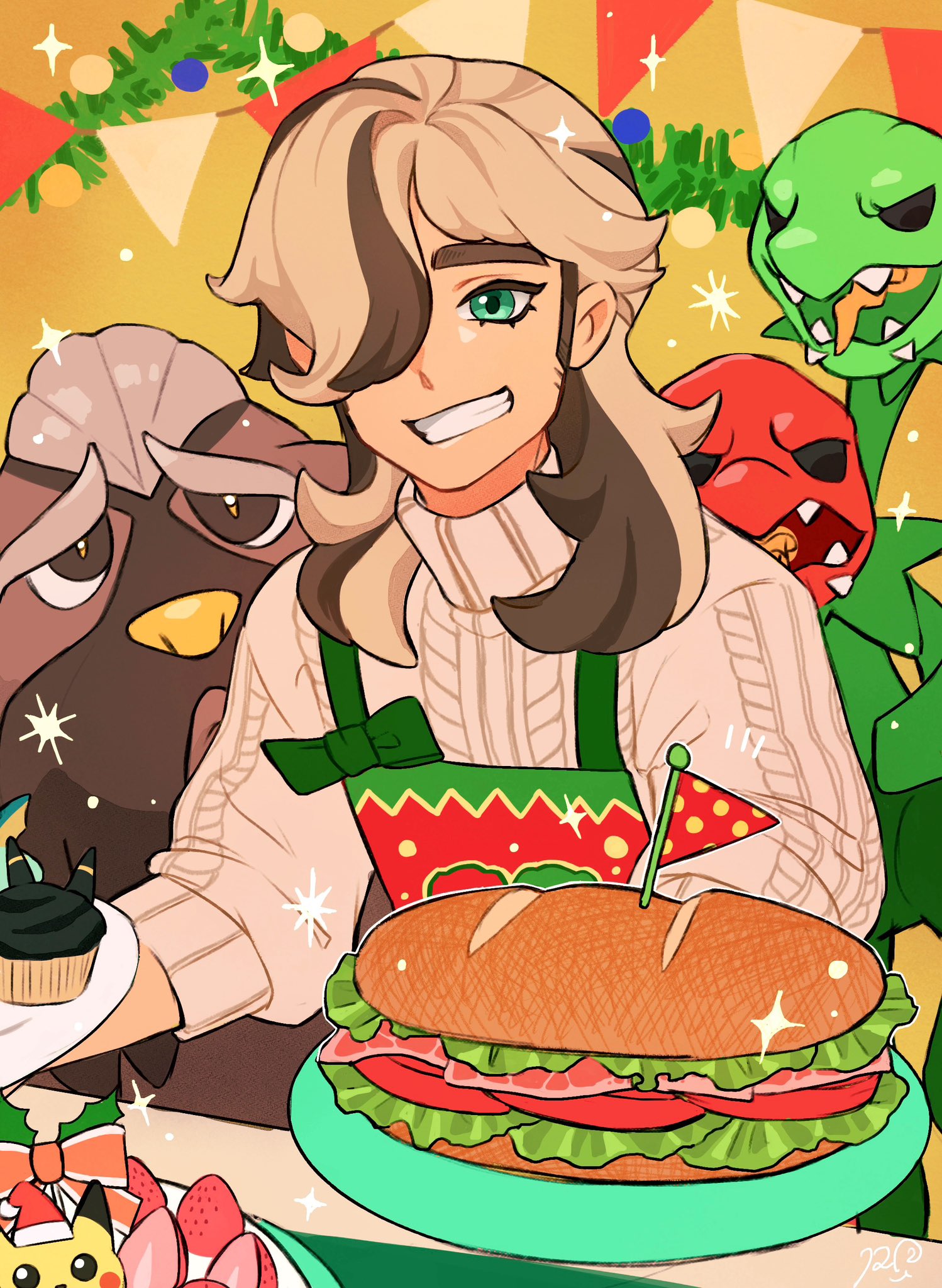 ri ri ri2, arven (holiday 2025) (pokemon), arven (pokemon), mabosstiff, scovillain, nintendo, pokemon, pokemon masters ex, commentary request, highres, 1girl, apron, blue eyes, christmas ornaments, cupcake, food, fruit, male focus, official alternate costume, pokemon (creature), red apron, sandwich, signature, sparkle, strawberry, sweater, white sweater