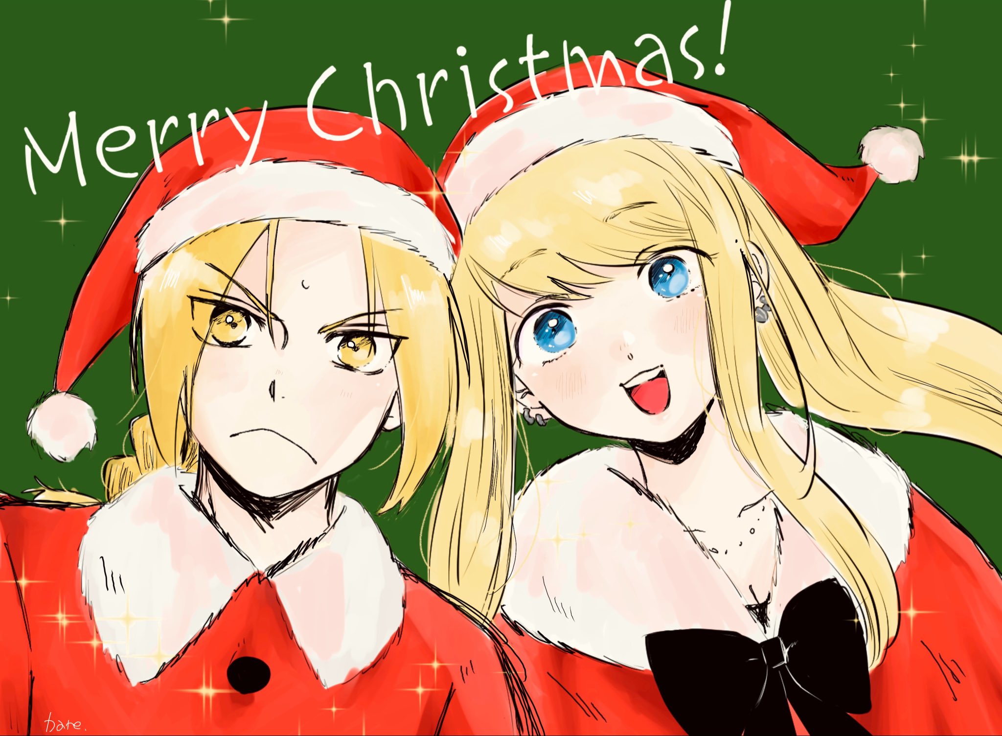 hare87073434281, edward elric, winry rockbell, fullmetal alchemist, commentary request, highres, 1boy, 1girl, black bow, black bowtie, blonde hair, blue eyes, bow, bowtie, braid, coat, earrings, frown, fur-trimmed coat, fur-trimmed headwear, fur trim, furrowed brow, green background, hat, jewelry, light blush, long hair, merry christmas, open mouth, parted bangs, ponytail, red coat, santa hat, sidelocks, single braid, smile, sparkle, sweat, upper body, yellow eyes